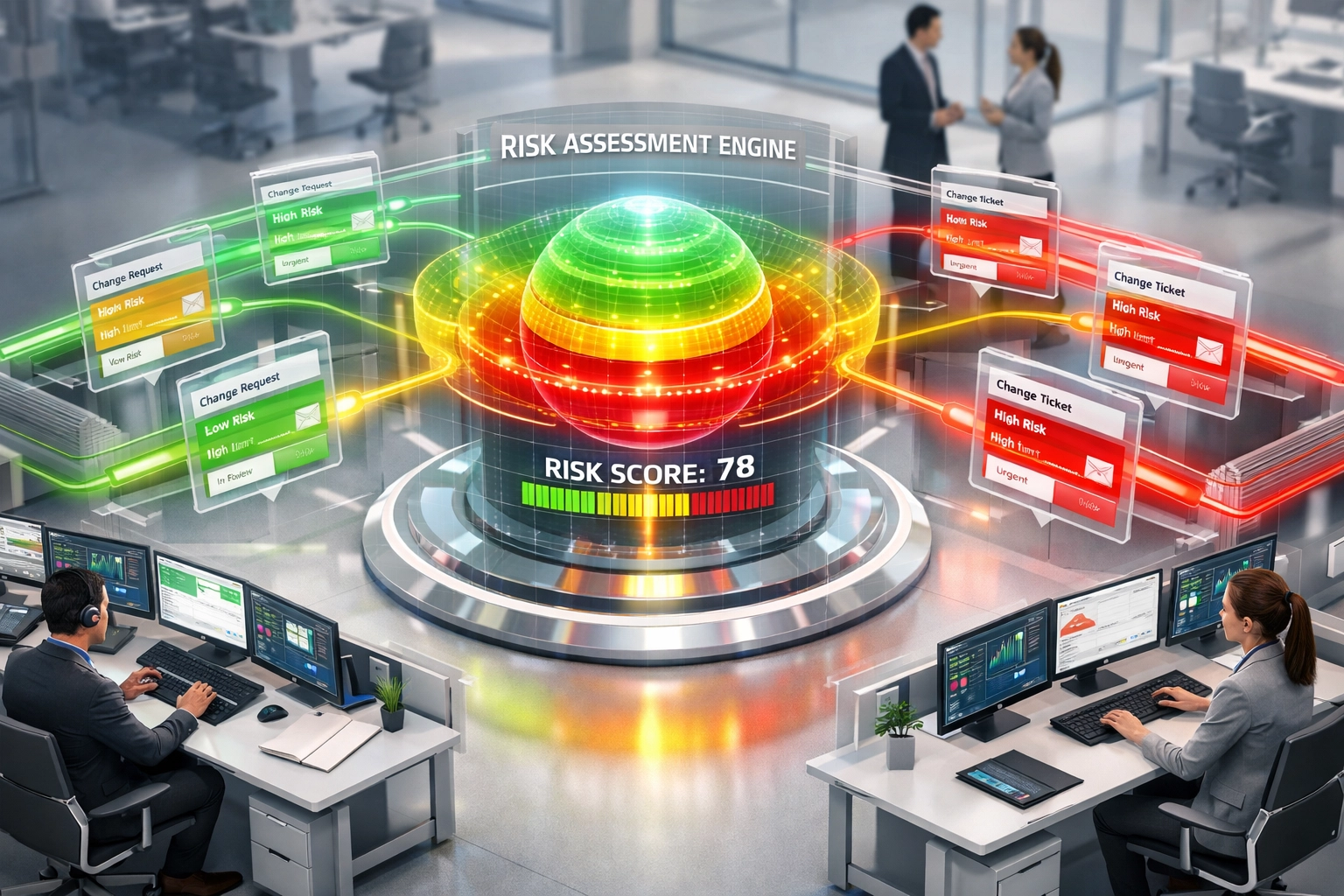 ServiceNow Change Intelligence automated risk assessment with color-coded priority levels