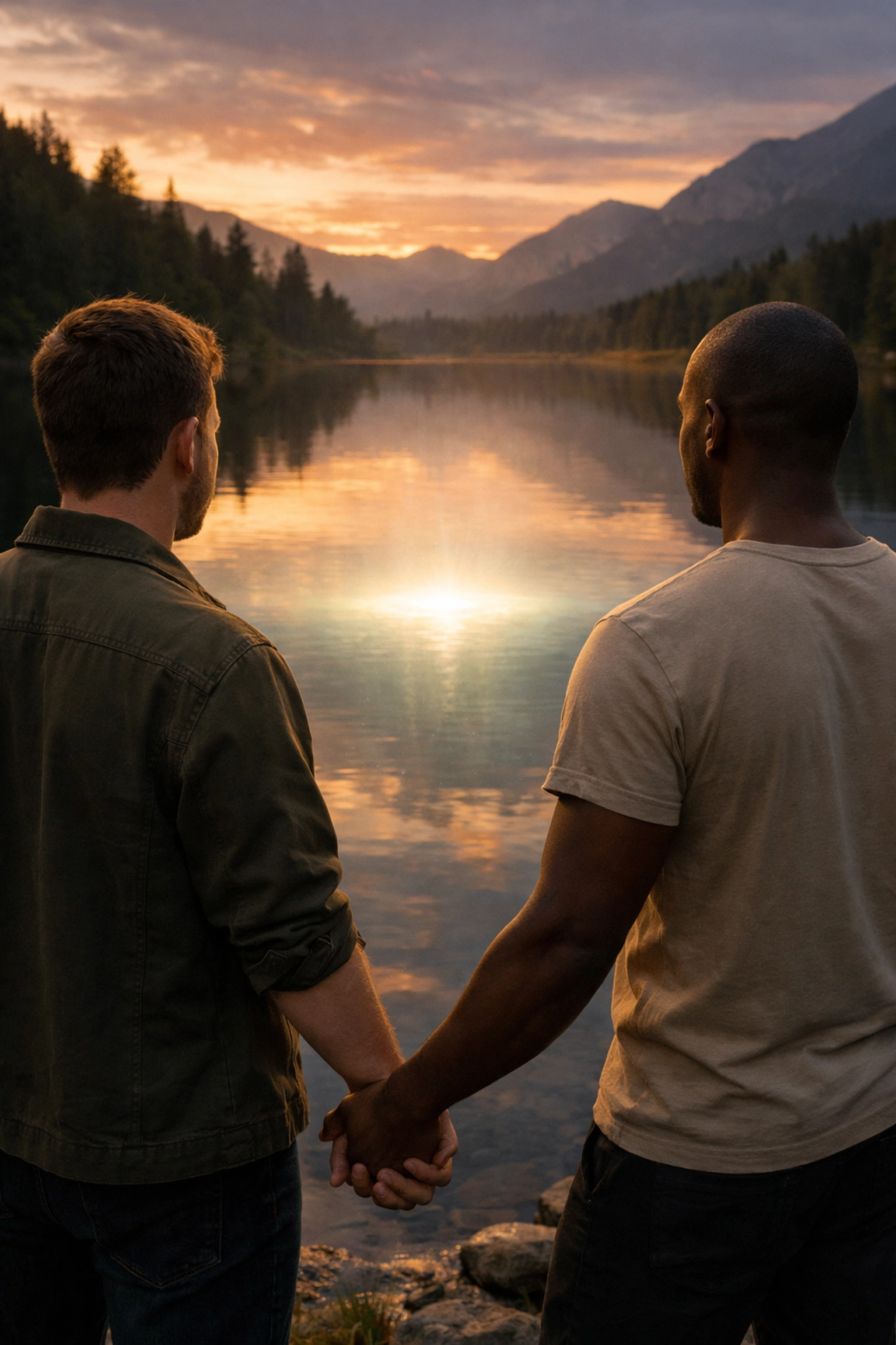 Gay couple holding hands by a peaceful lake at sunset, exploring personal queer spirituality and meaning.
