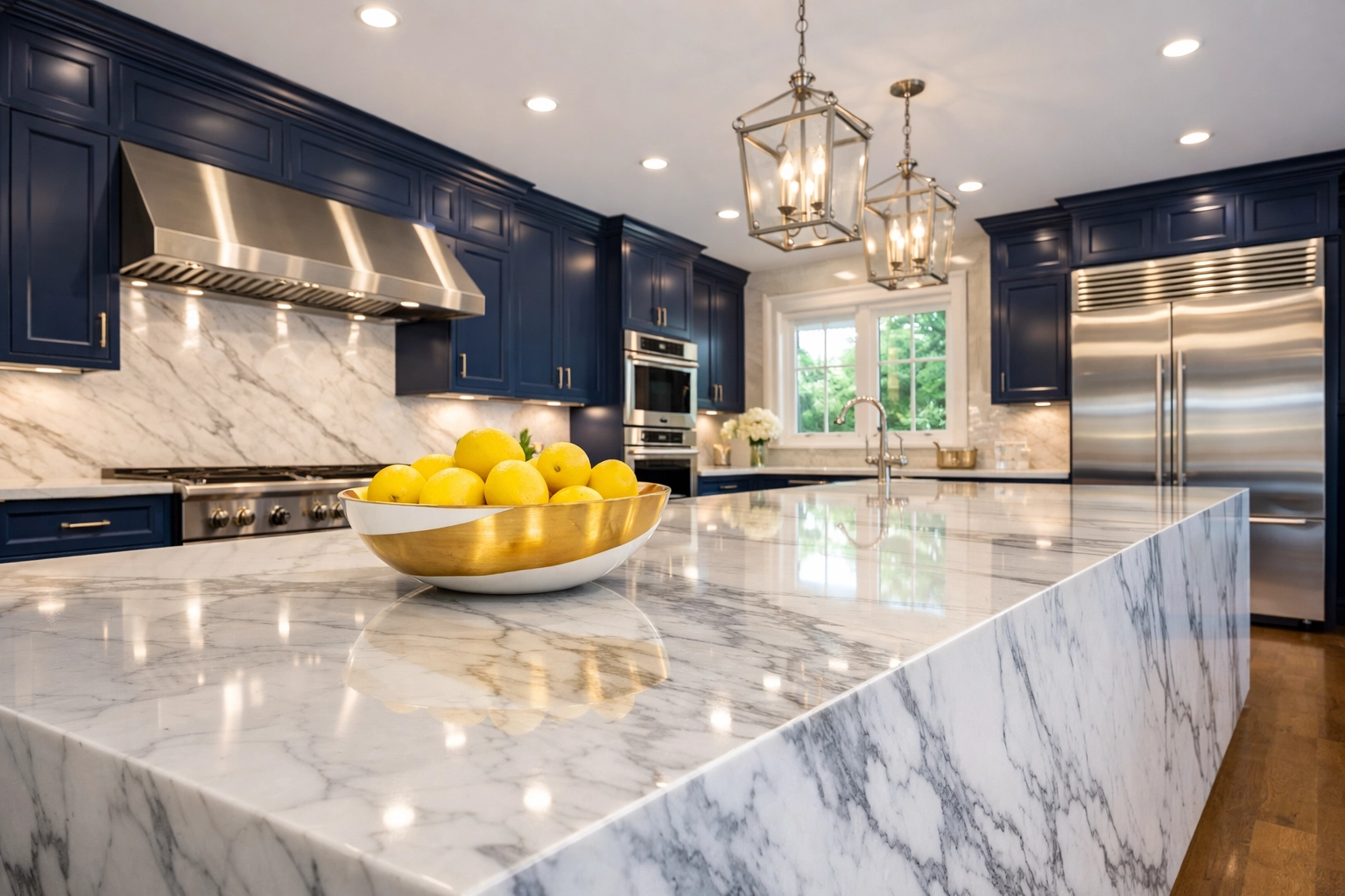 Immaculate luxury kitchen in Wellesley featuring marble counters and professional house cleaning services MA.