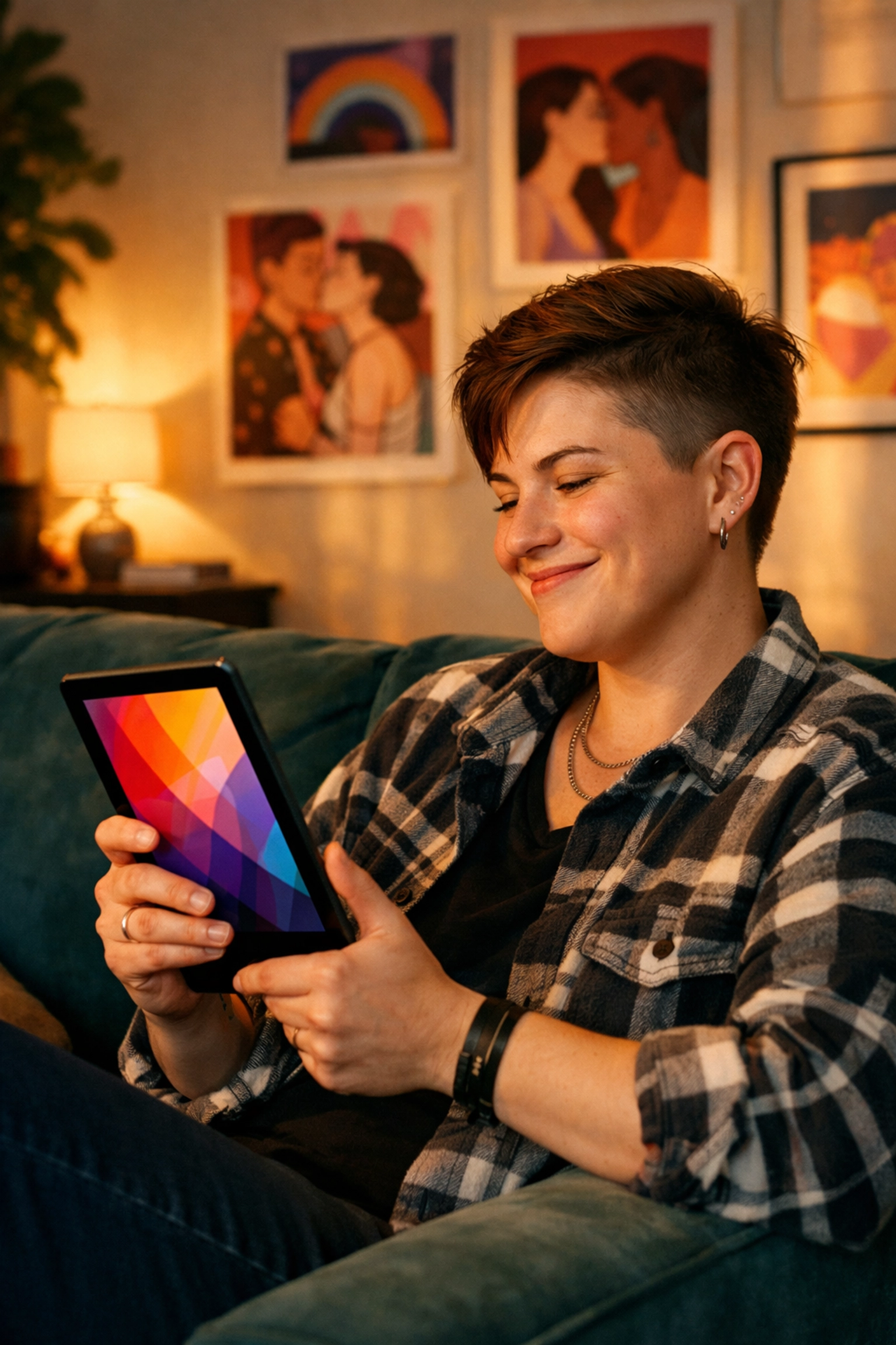 A queer author smiling after publishing their new LGBTQ+ fiction book on the Read with Pride marketplace.