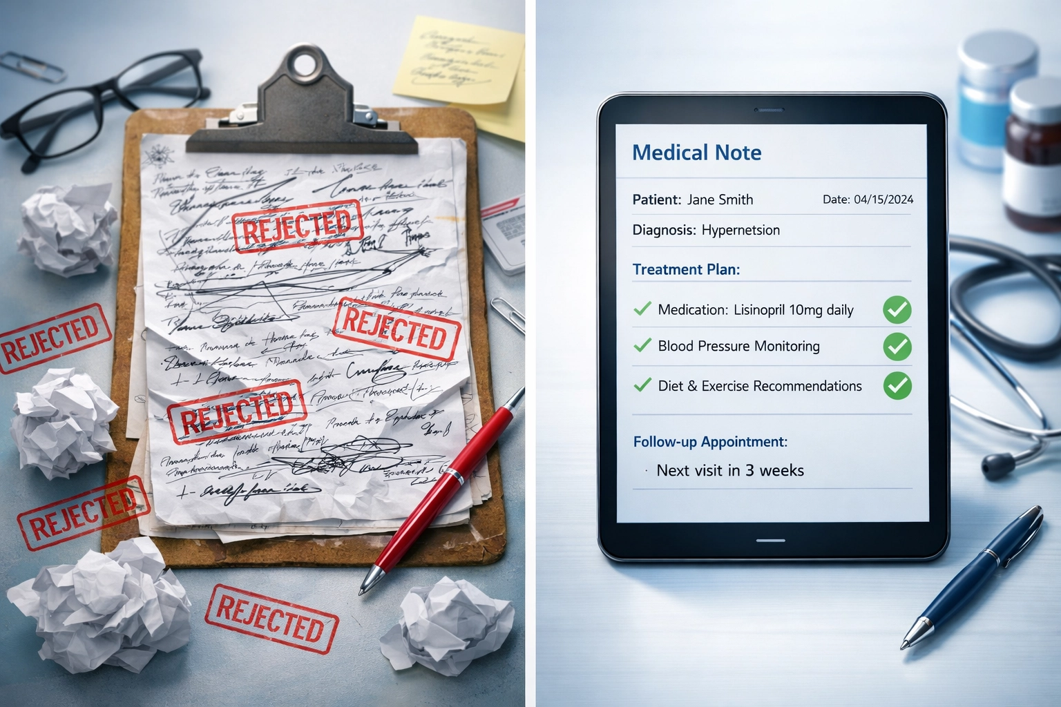 Comparison of traditional paper medical notes versus AI clinical documentation with compliance checks