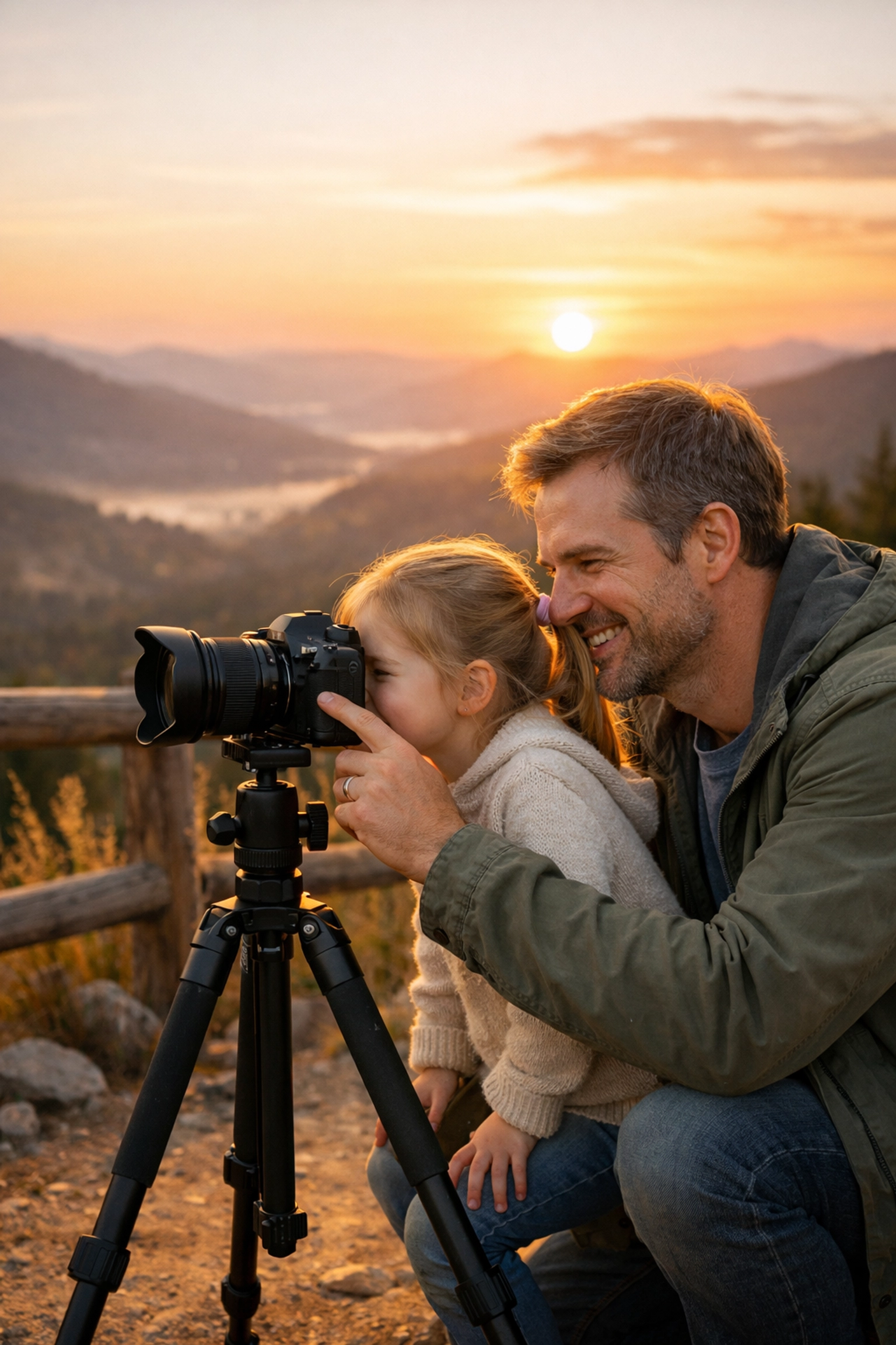 Father teaching his daughter photography skills at a scenic mountain overlook during a golden hour sunset.