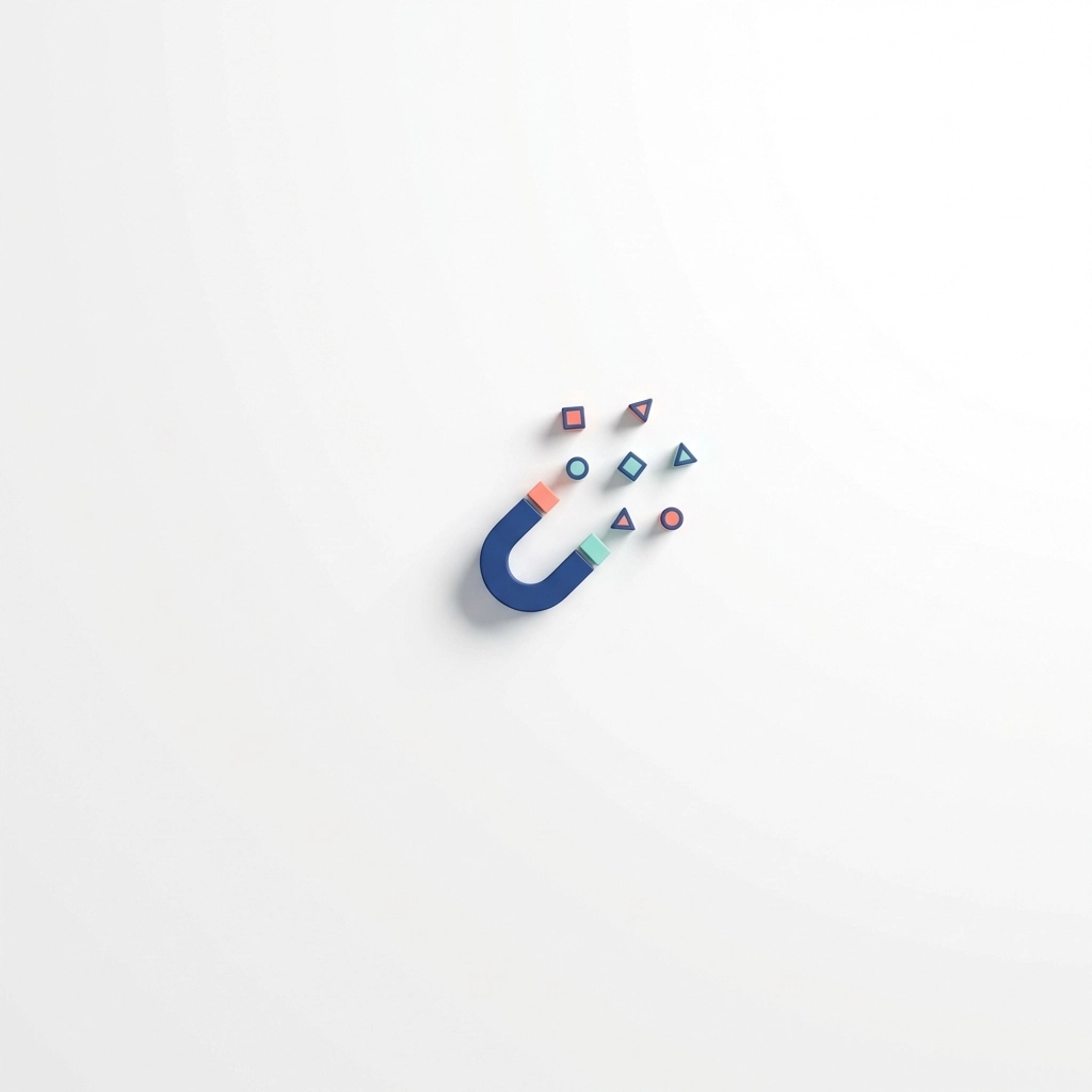 Minimalist magnet icon attracting geometric shapes to illustrate website retargeting strategies.