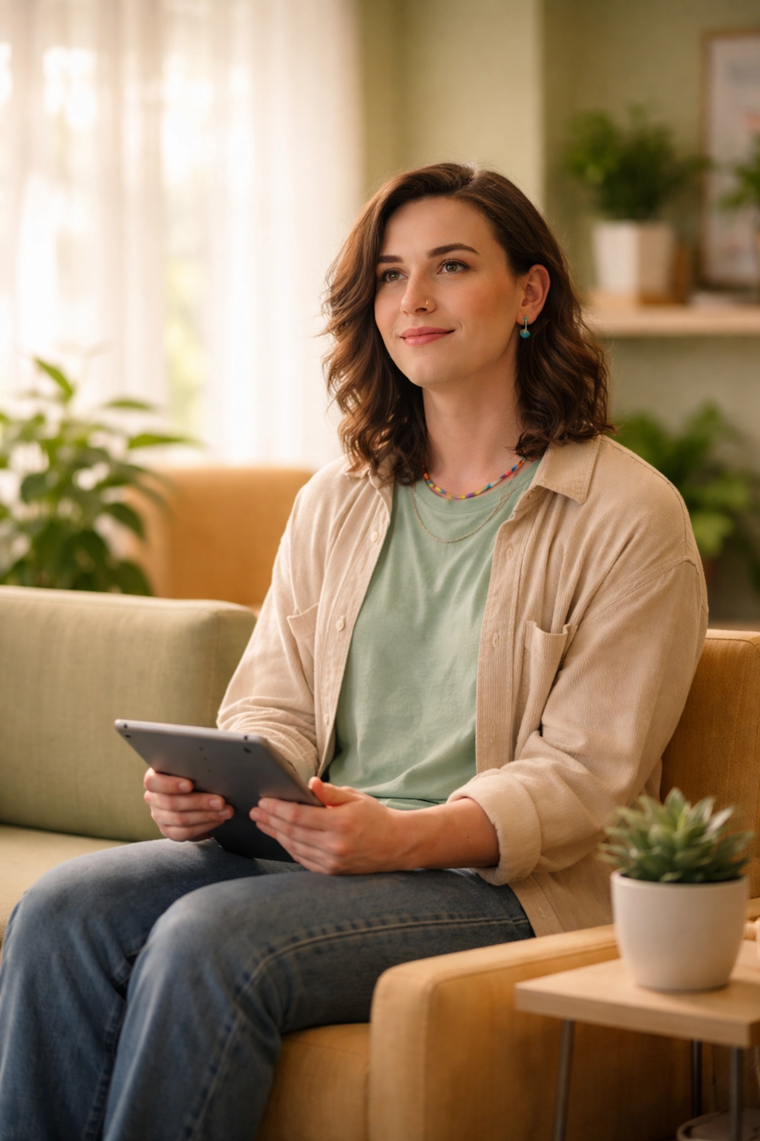 A trans person waits comfortably in an affirming medical office, illustrating access to gender-affirming healthcare.