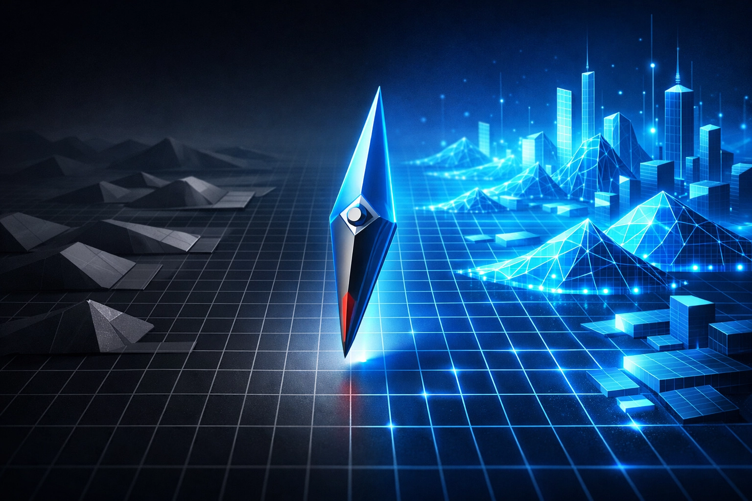 A digital navigation needle over a grid map comparing different outsourced IT support paths.