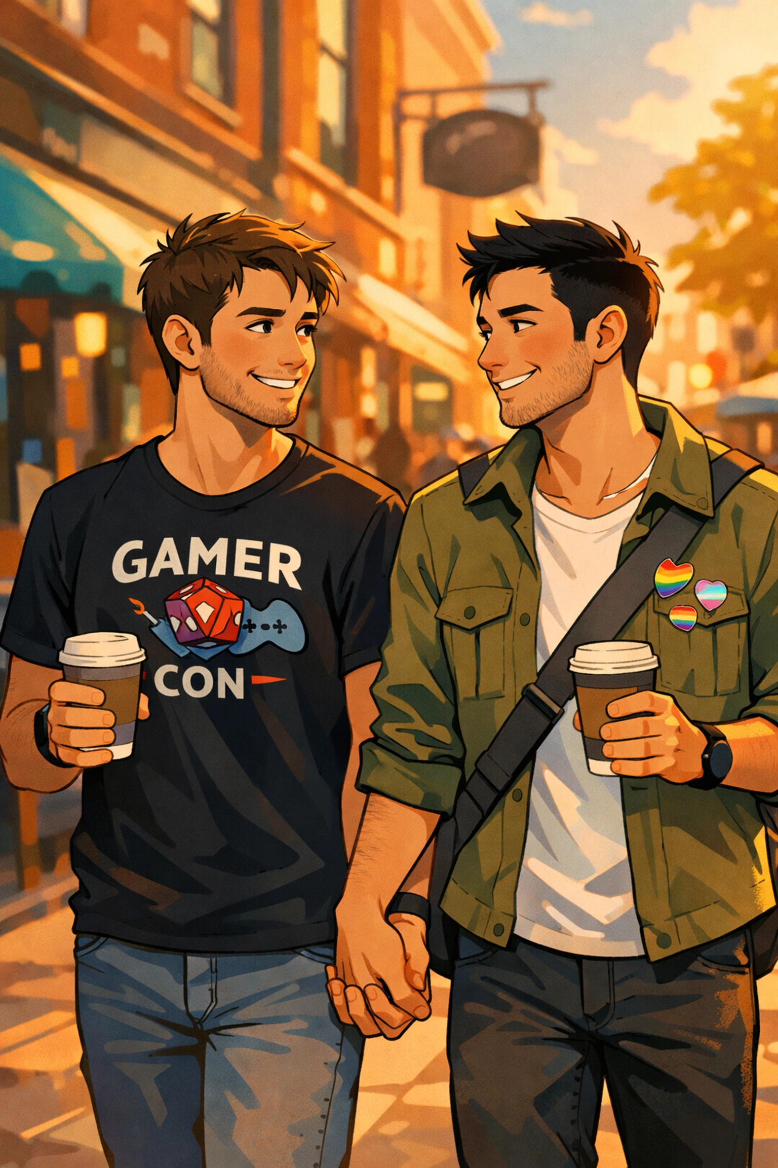 Two men walking hand-in-hand on city street, authentic LGBTQ+ love in the real world