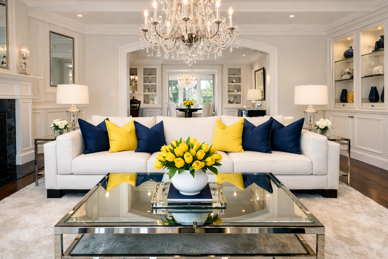 A masterfully cleaned and staged Newton estate living room after luxury house cleaning Newton MA service.