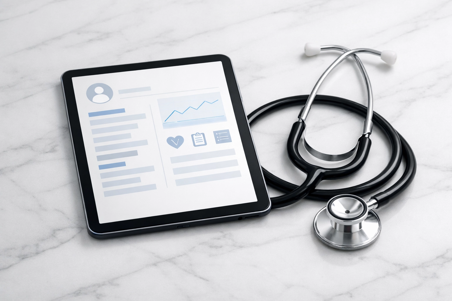 Digital tablet and stethoscope highlighting HIPAA-compliant systems for modern chiropractic practices.