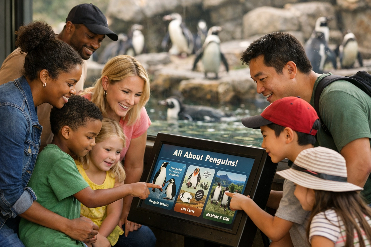 Families interacting with educational touchscreen display at penguin exhibit in zoo