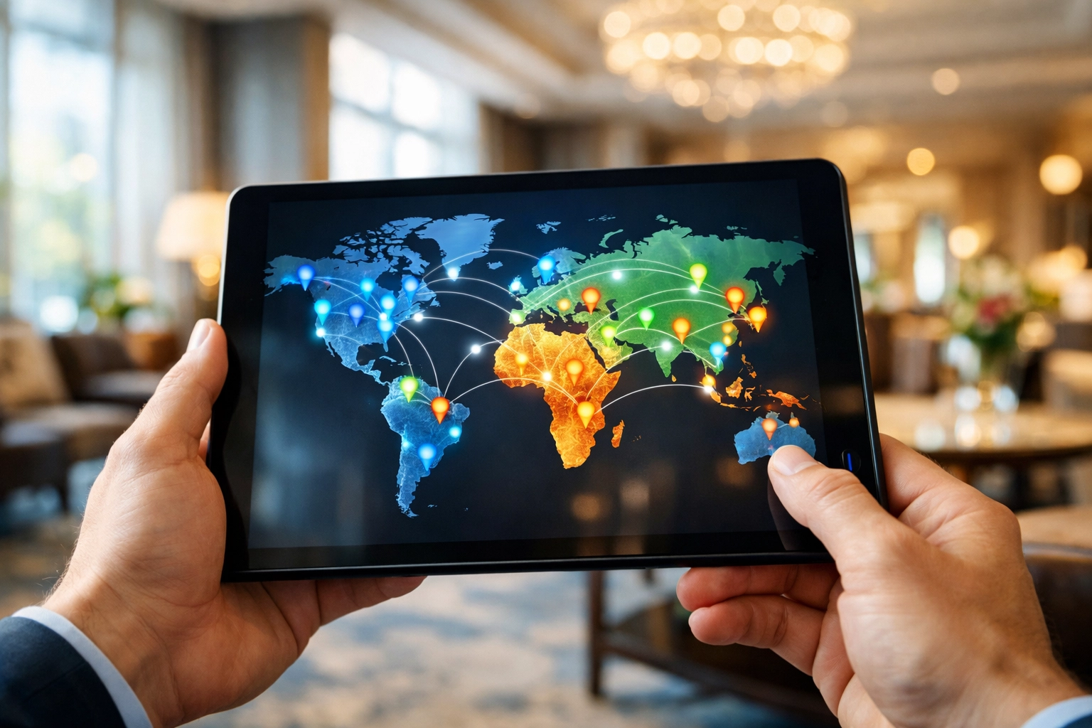 Global geo-targeting map showing voice AI connectivity across hotel locations worldwide