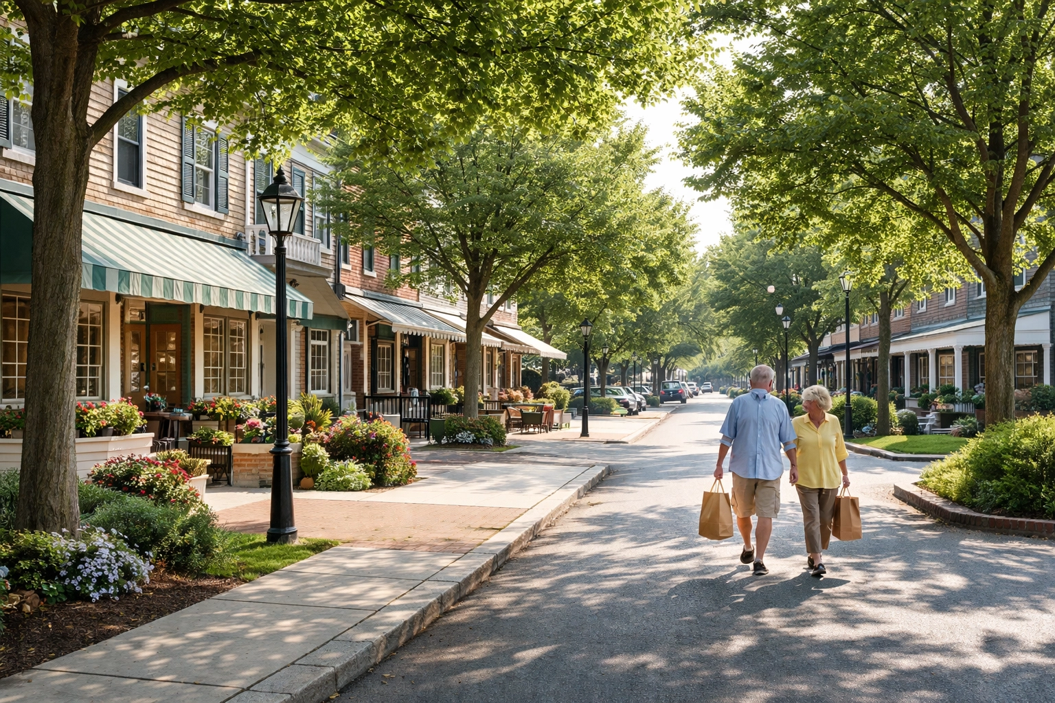 Charming Warrington PA streetscape near Lamplighter Village with tree-lined sidewalks, active adults, and local shopping nearby.
