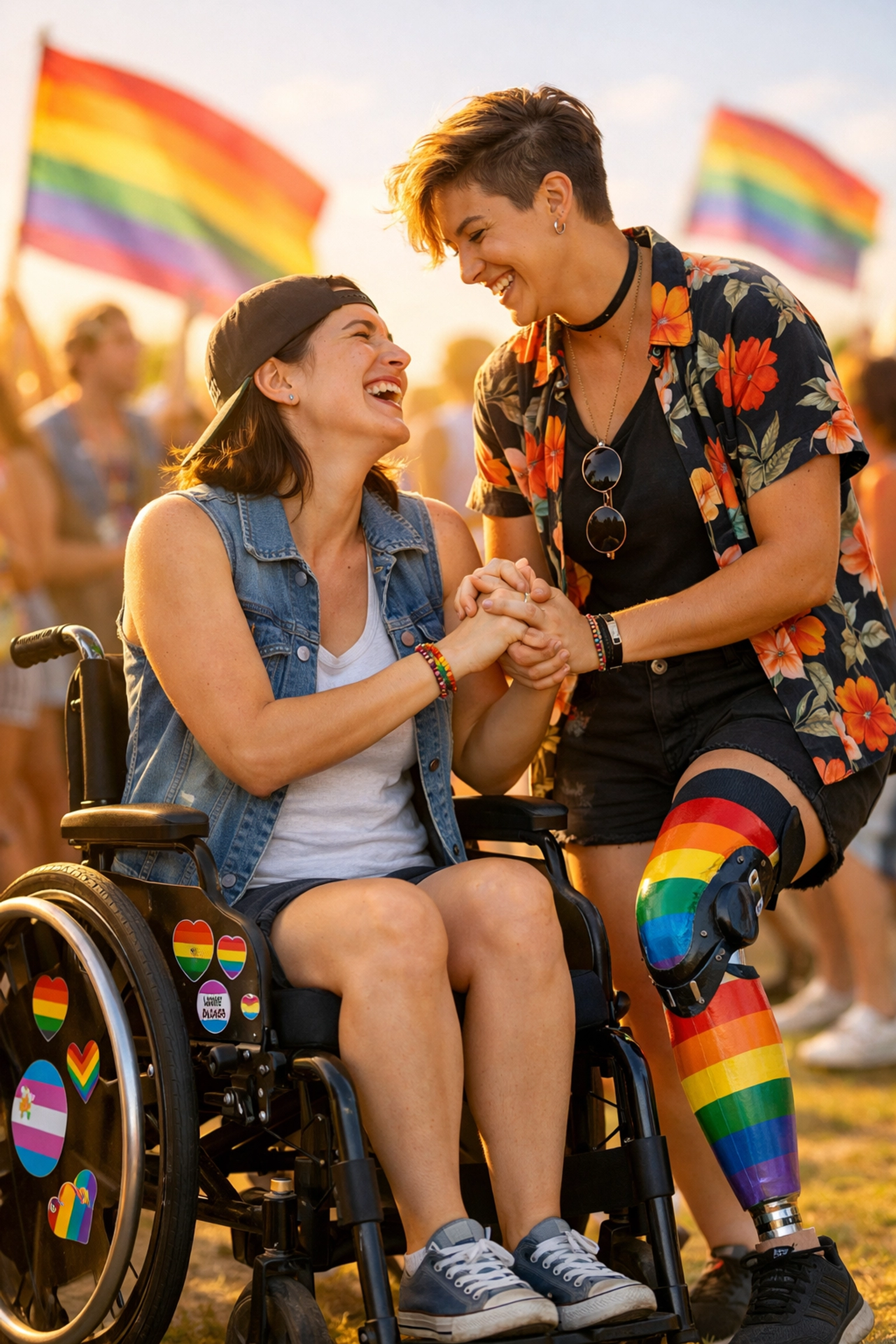 Joyful disabled queer couple celebrating at a Pride festival with a decorated wheelchair and rainbow prosthetic leg.