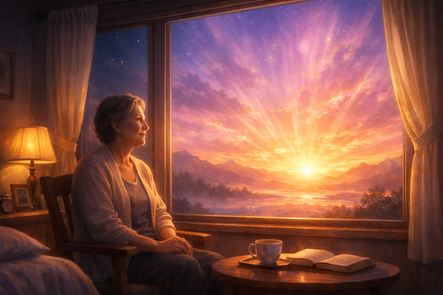 A caregiver finds hope at a window as an ethereal sunrise symbolizes the promise of the New Heavens.