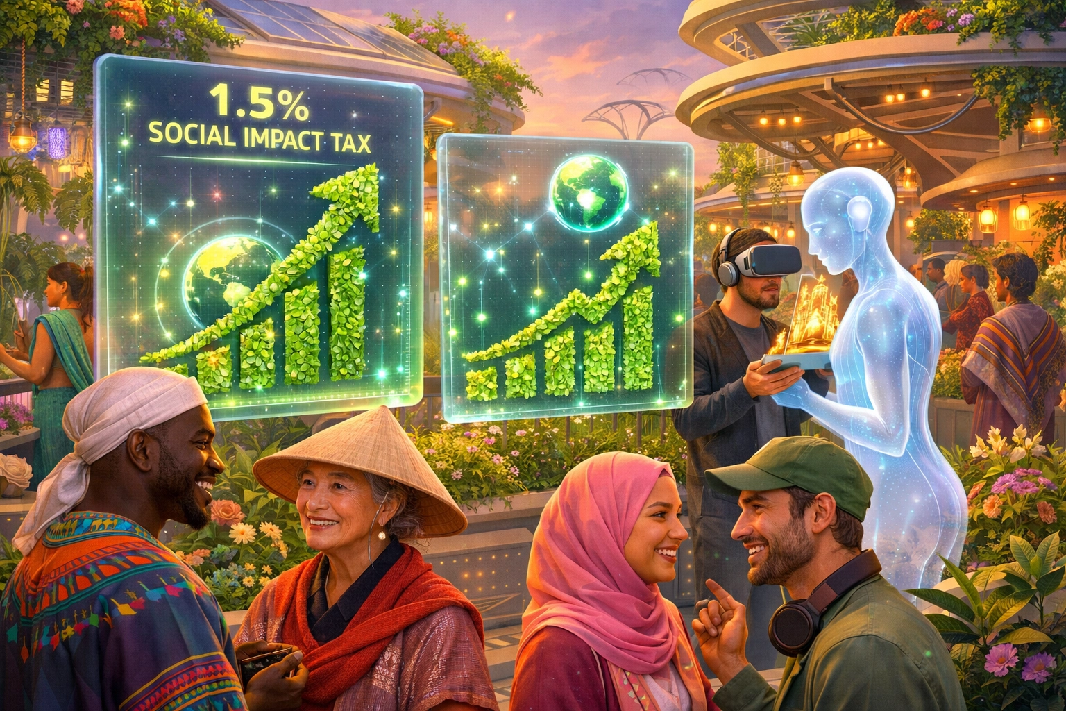 Global community shopping in a metaverse garden with AI assistants and Larecoin social impact features.