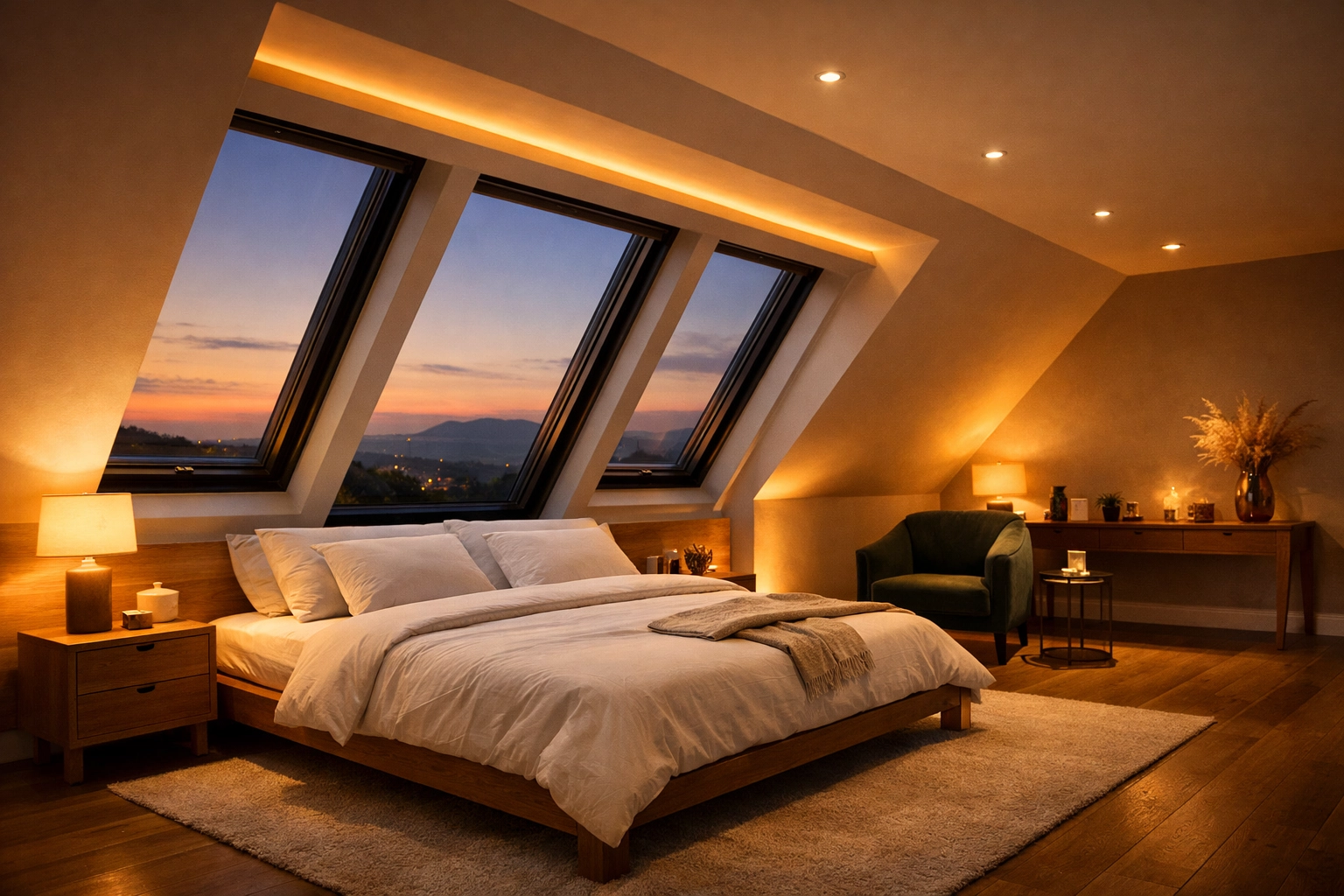Luxury loft conversion master bedroom in West Sussex featuring Velux roof windows.