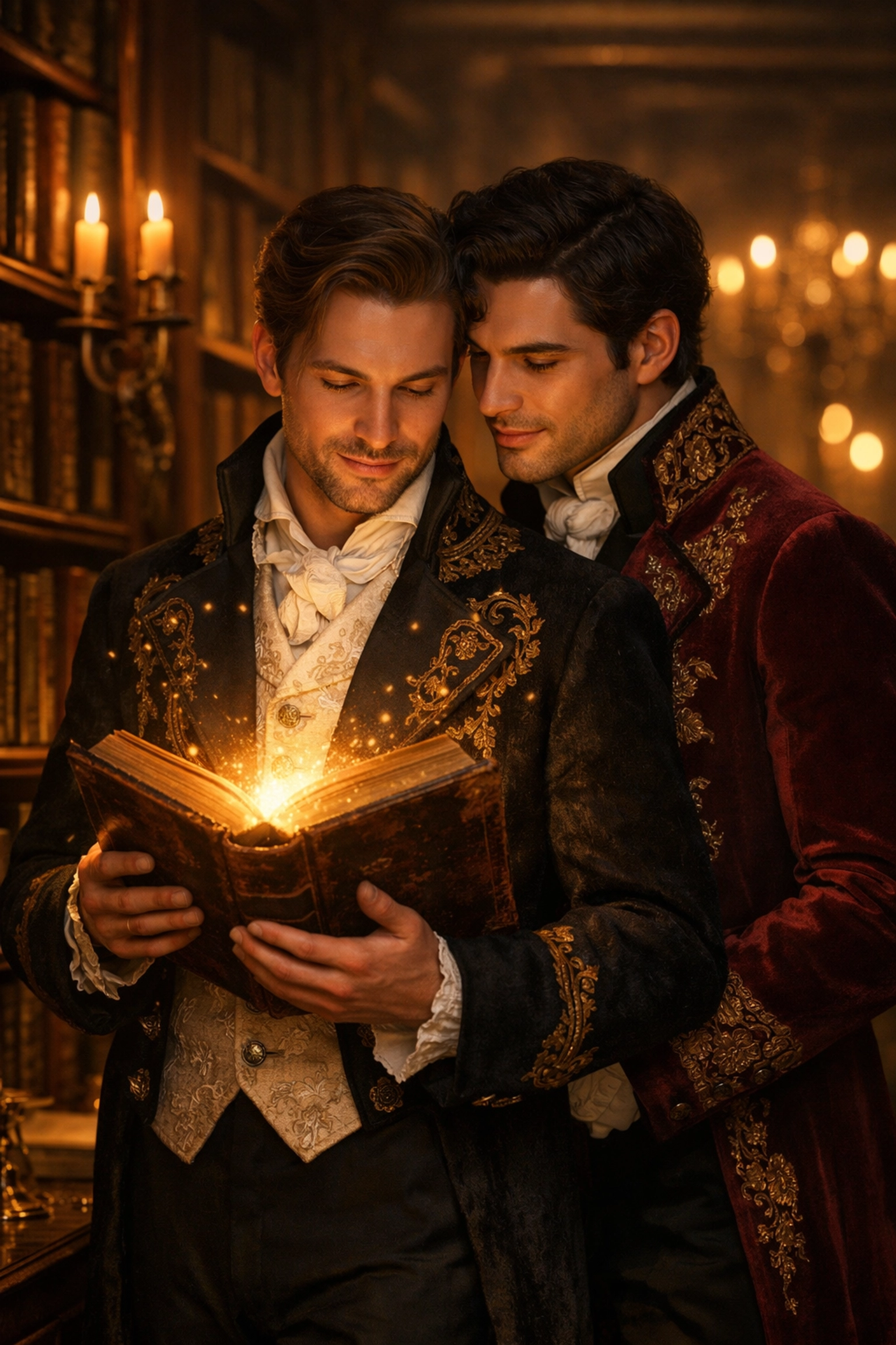 Two men in a library illustrating a scene from a gay historical romance novel and popular MM romance series.