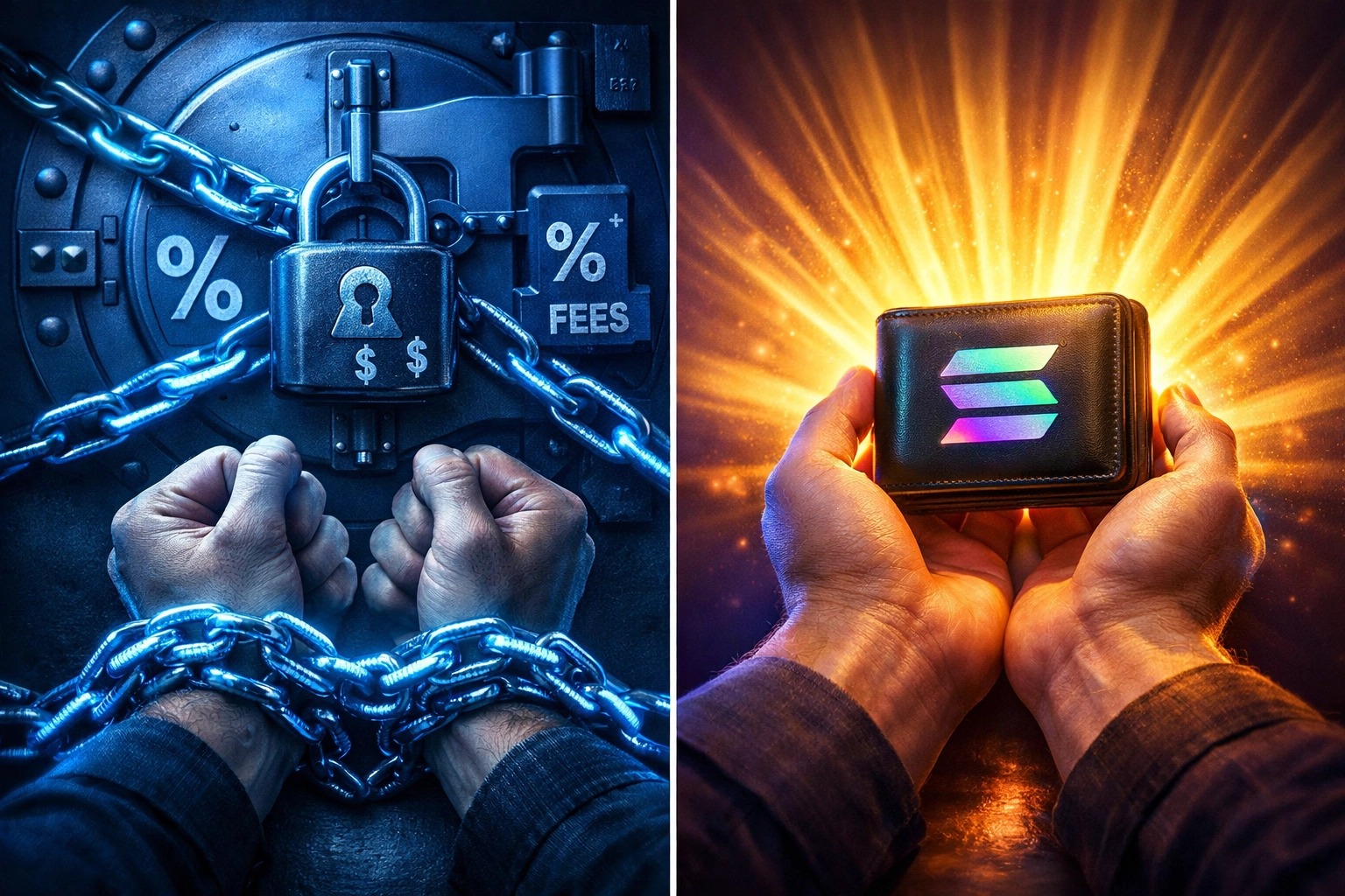 Custodial vs self-custody crypto payment comparison showing financial freedom