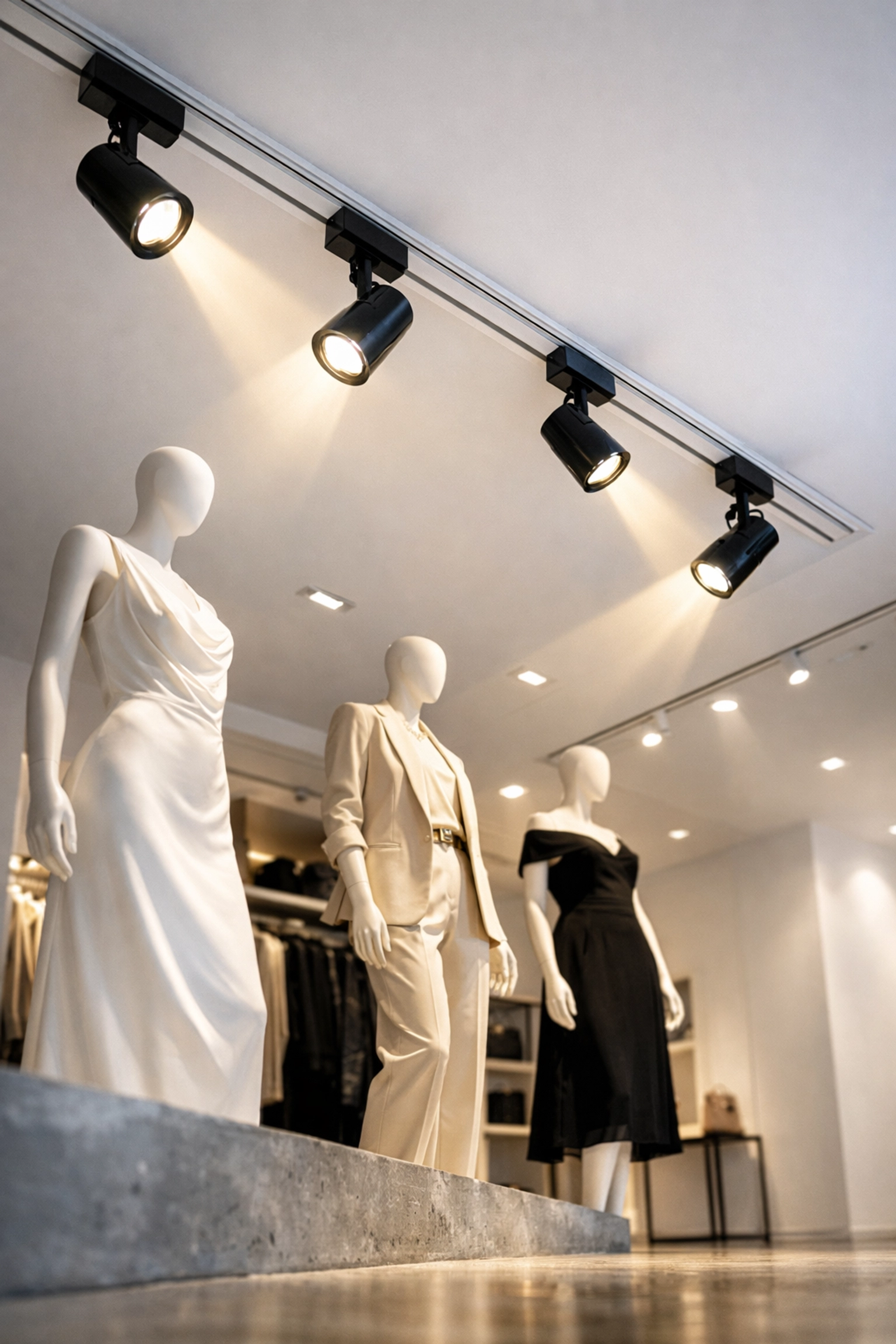 Adjustable LED track lights illuminating clothing displays in fashion retail store