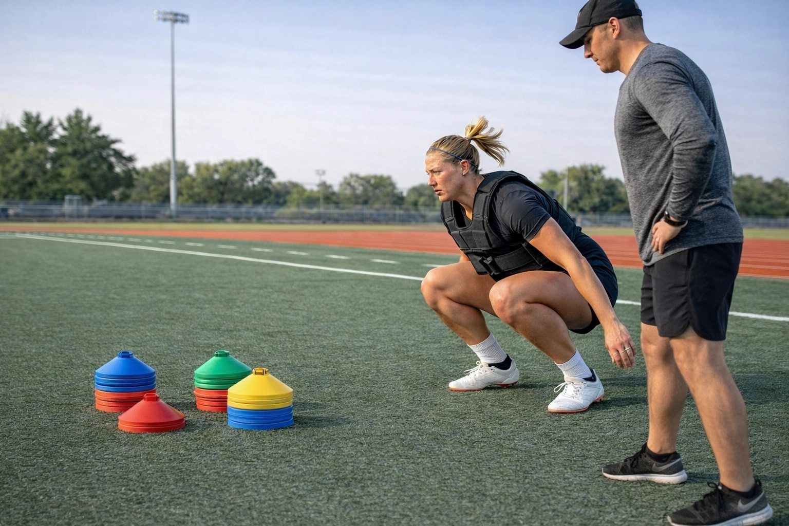 Soccer player executing weighted broad jump for explosive power training