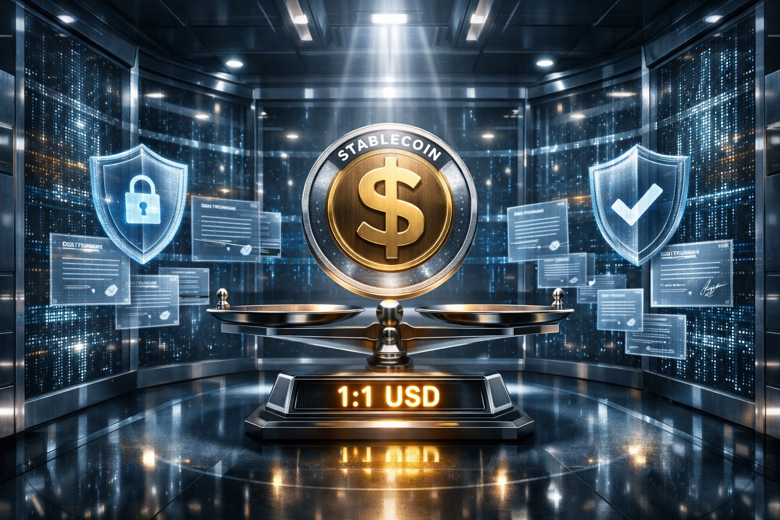 LUSD stablecoin secured in digital vault showing 1:1 USD peg and security features