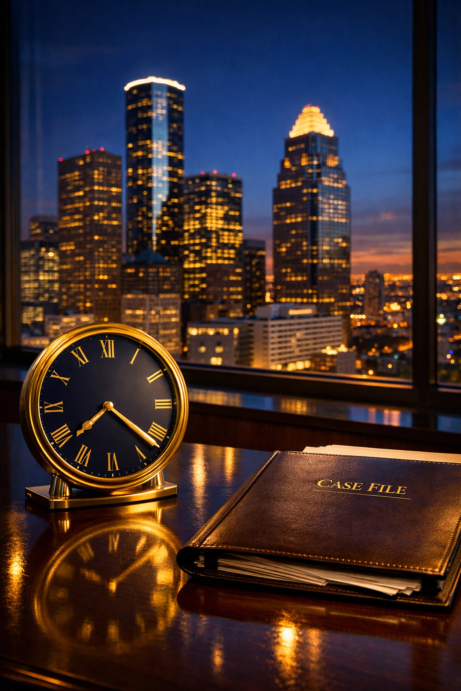 A clock and legal files in a Houston law office representing strict Texas statute of limitations deadlines.