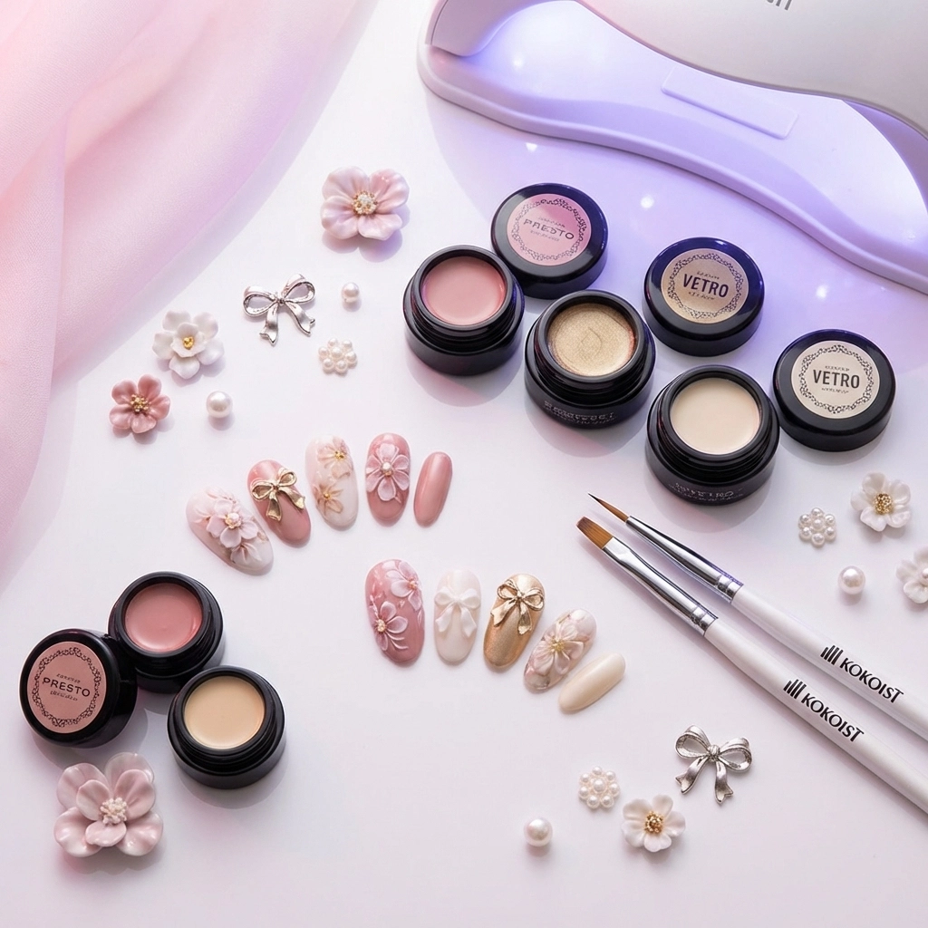 Flat-lay of Japanese gel nail art products, brushes, and sculptural embellishments used for premium 3D nails near Norwood MA