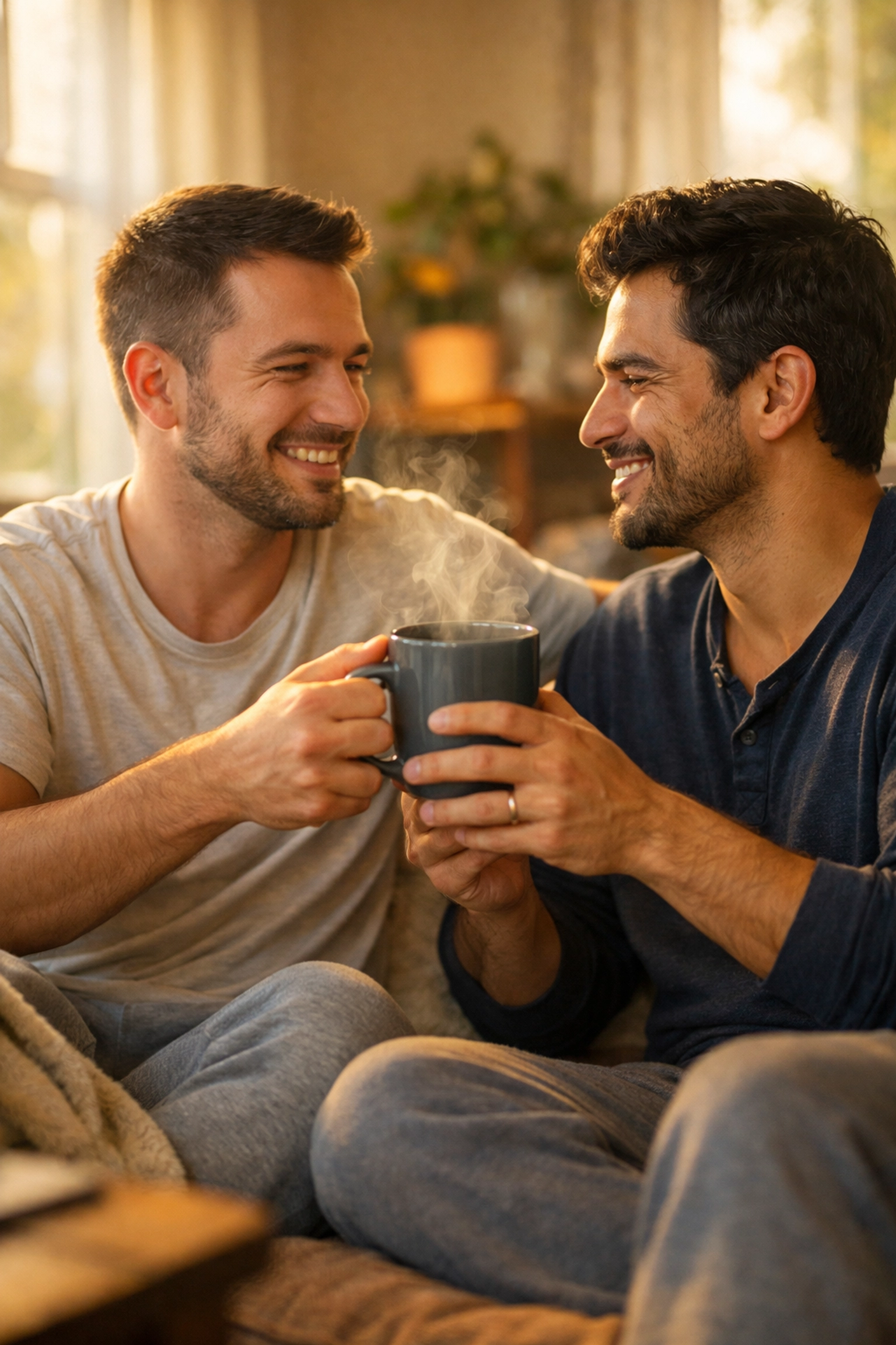 Two men in loving relationship sharing morning coffee on couch in domestic MM romance scene