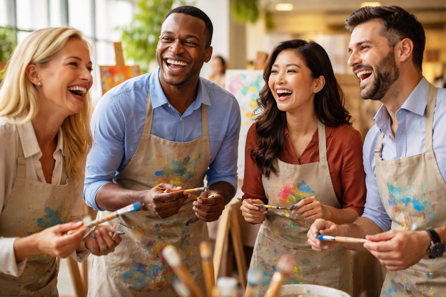 Team members enjoy a casual art workshop, laughing and connecting over creative activities in a bright workspace
