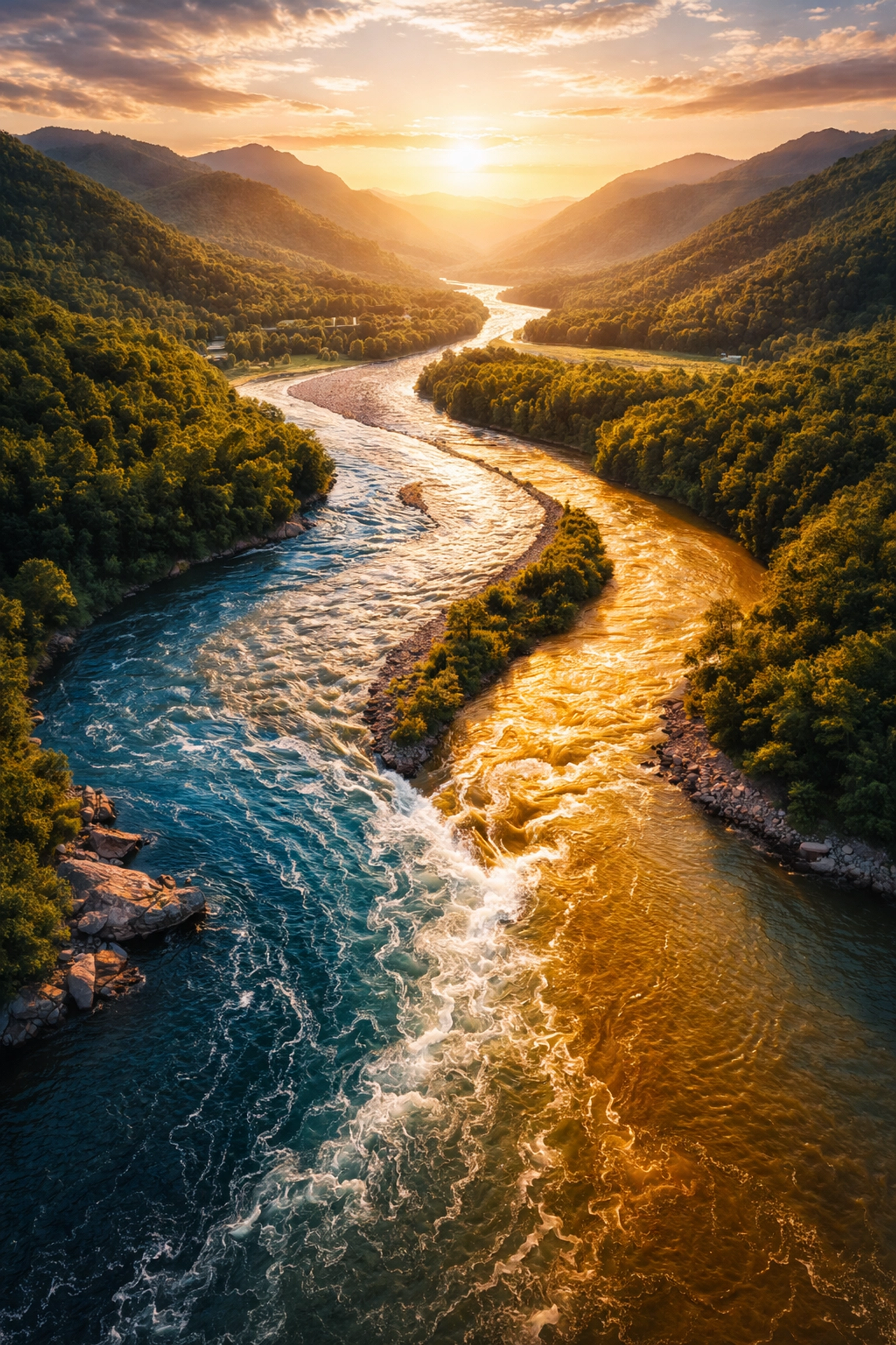 Aerial view of three colorful rivers merging, illustrating the balance of the 40/30/30 portfolio strategy.