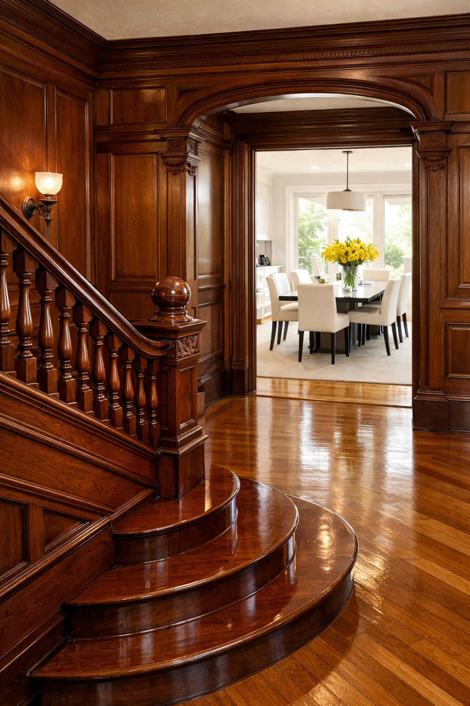 Polished hardwood staircase in a historic home by expert house cleaning Brookline MA.