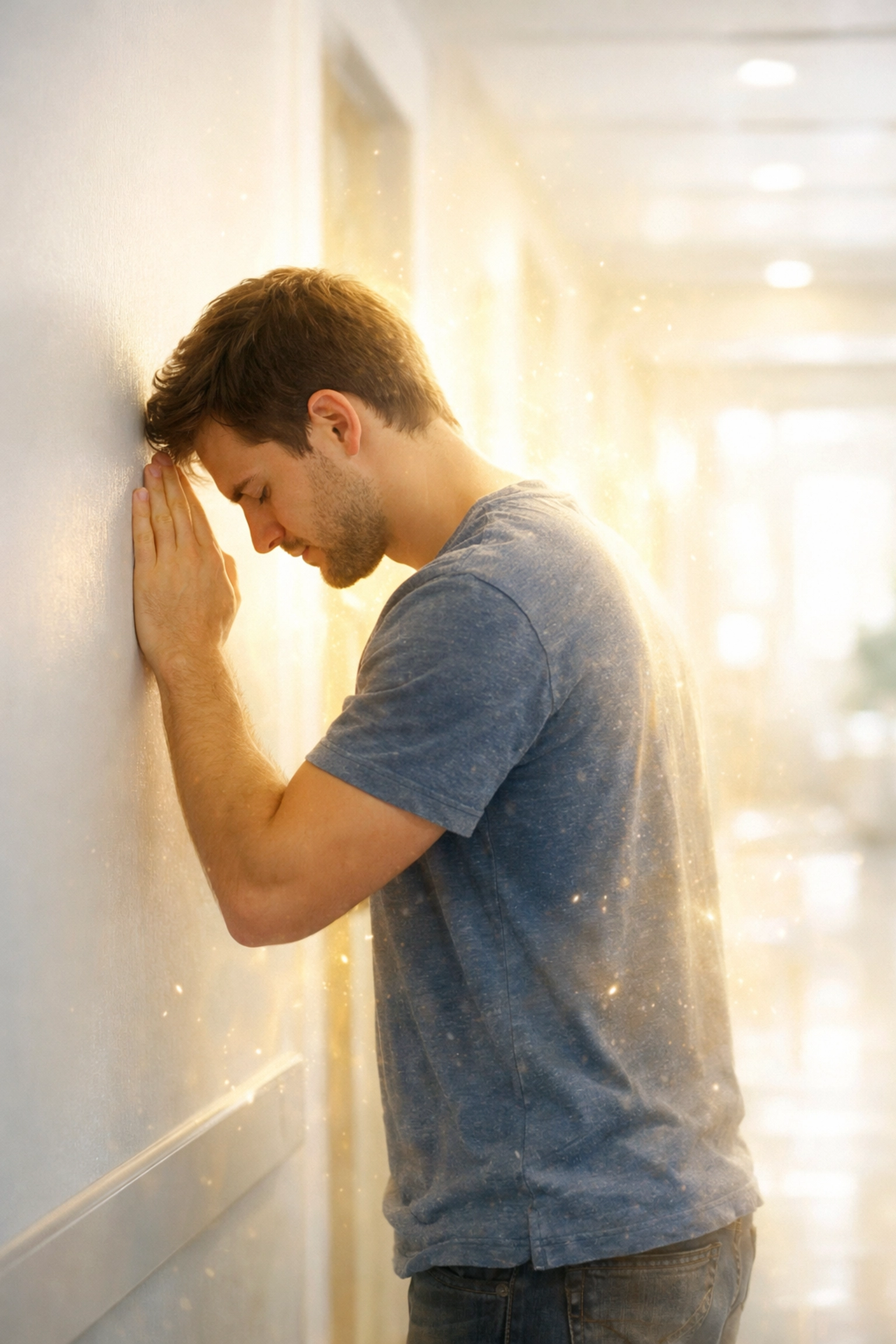A man bows his head in prayer, seeking the Holy Spirit's comfort and divine healing while caregiving.