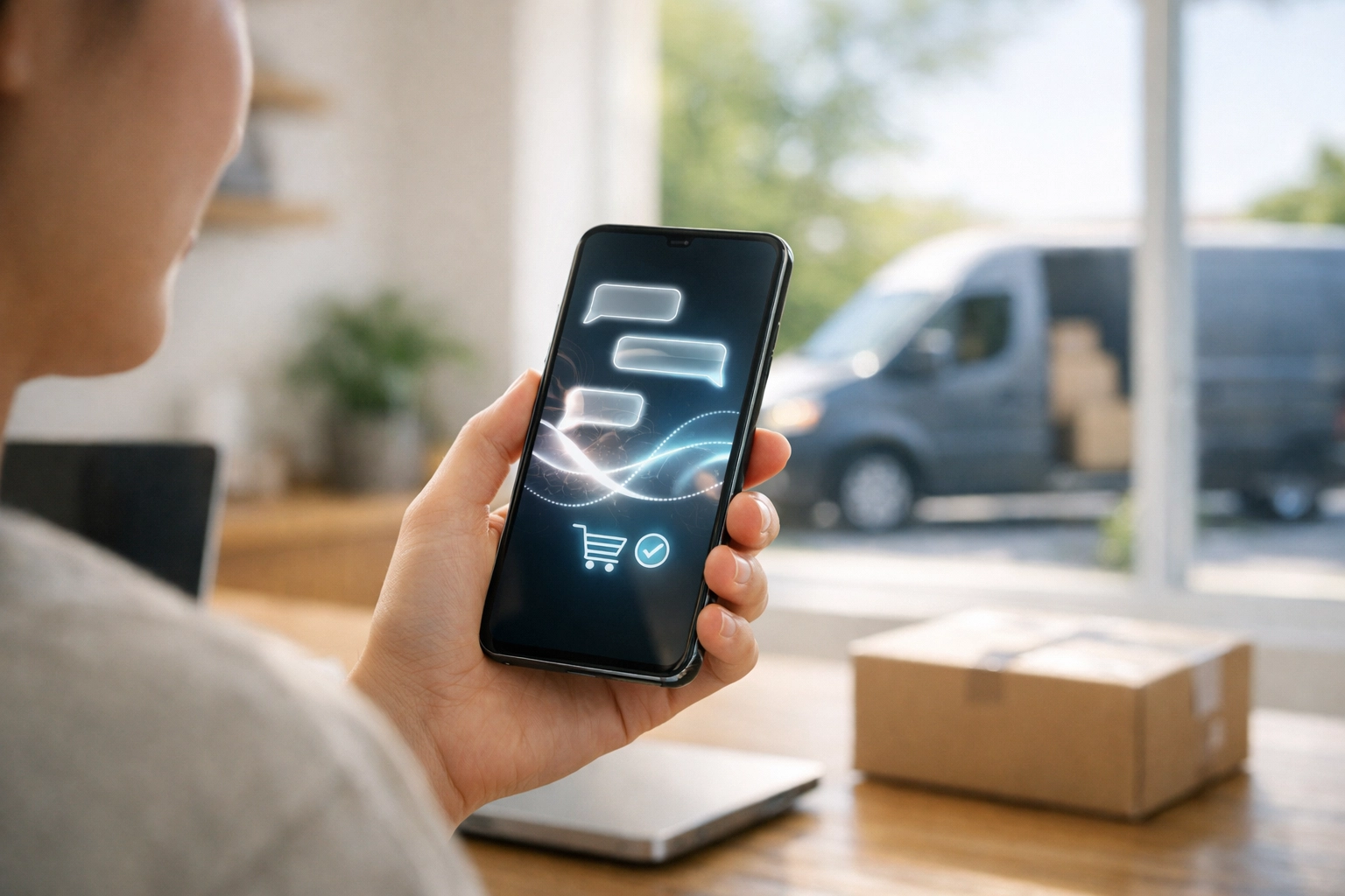 Shopper using Walmart Gemini AI search on a smartphone with a same day fulfillment van nearby.