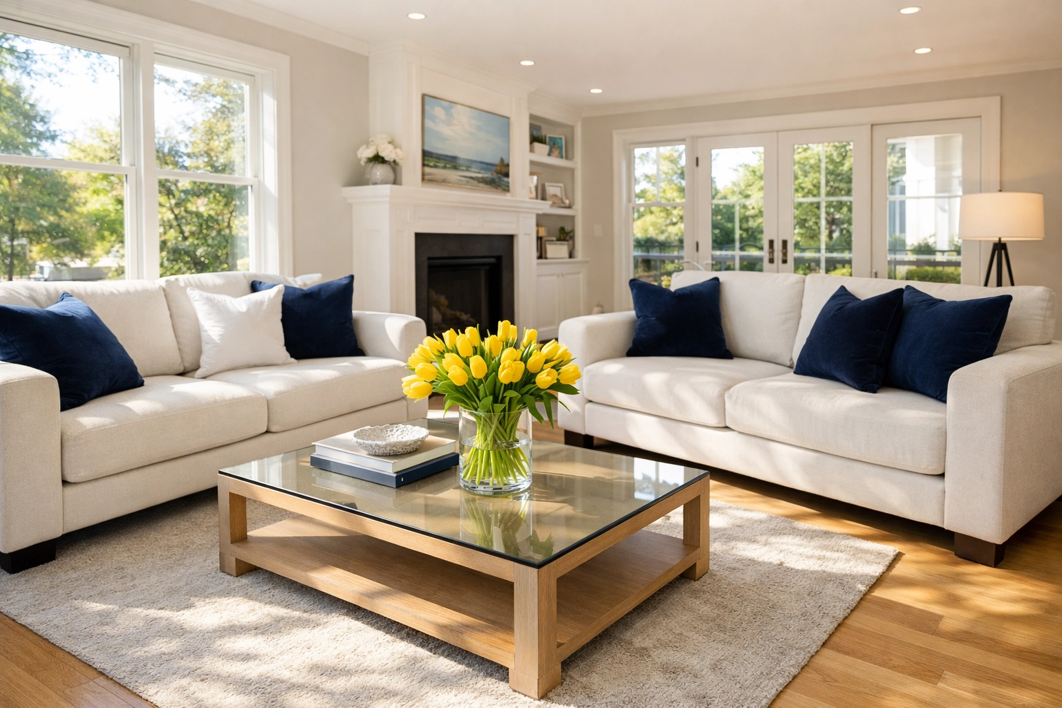 Spotless modern living room showing the results of professional house cleaning Shirley MA.