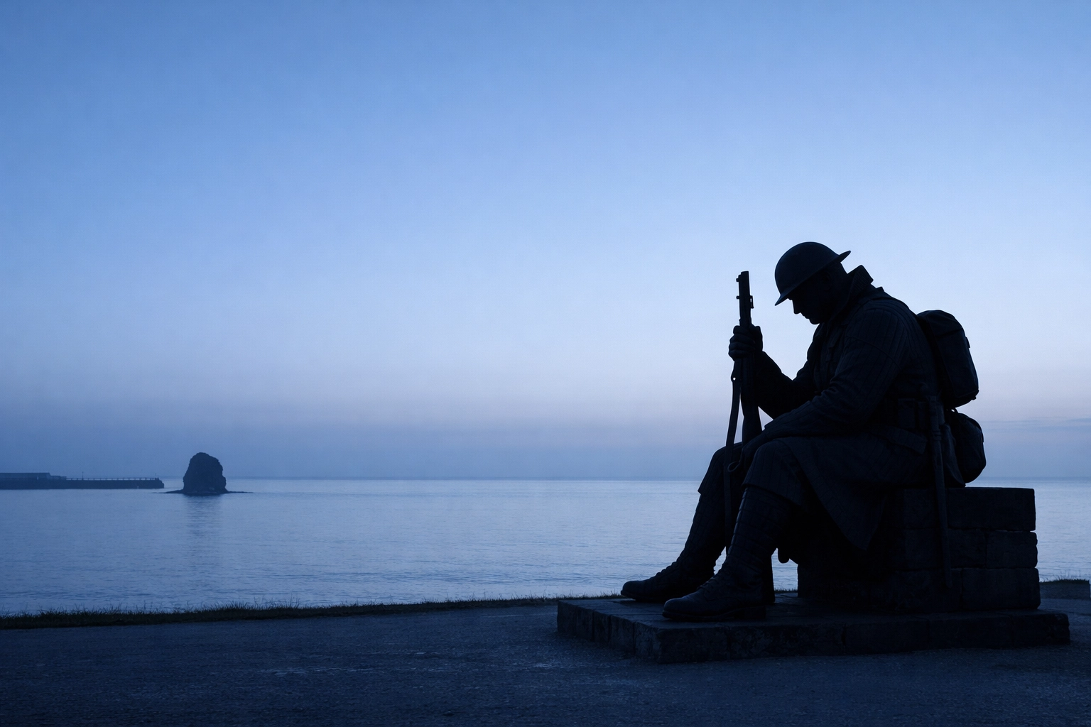 Silhouette of the Tommy statue in Seaham at dawn, representing the strength and local pride of SR7 hidden gems.