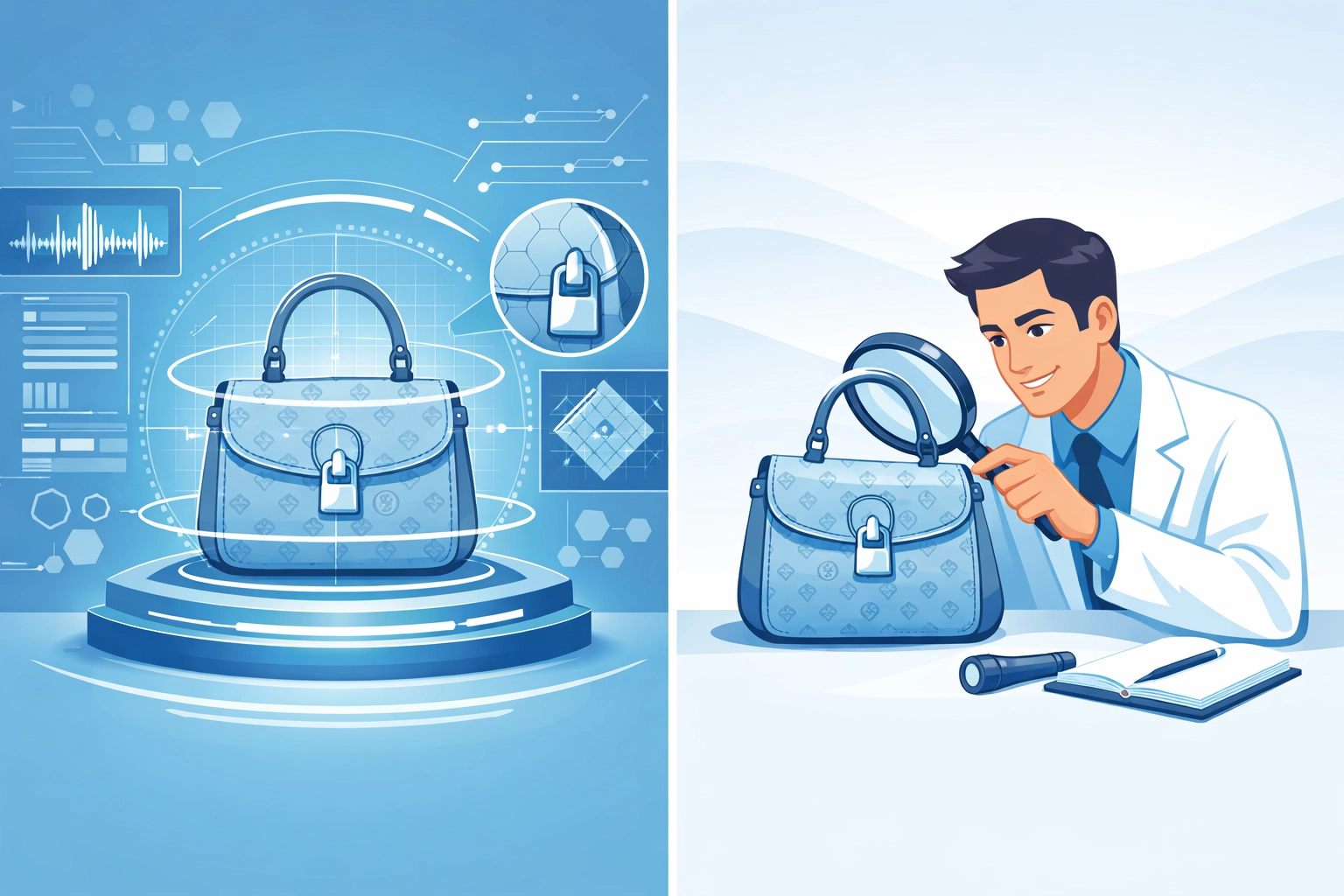 AI and human expert authenticating designer handbag using professional luxury authentication service