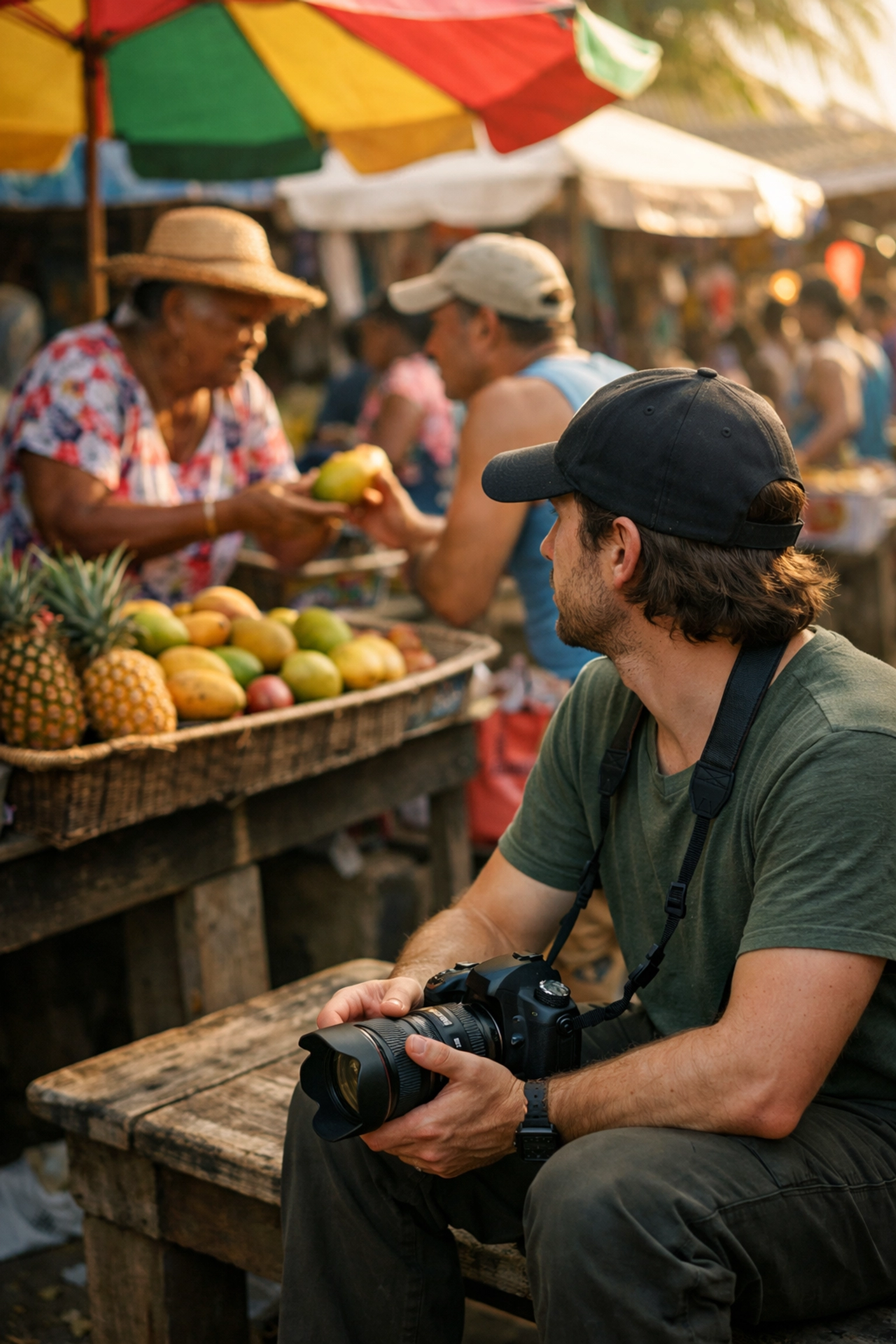 Photographer observing locals in a Caribbean market for authentic storytelling travel photography.