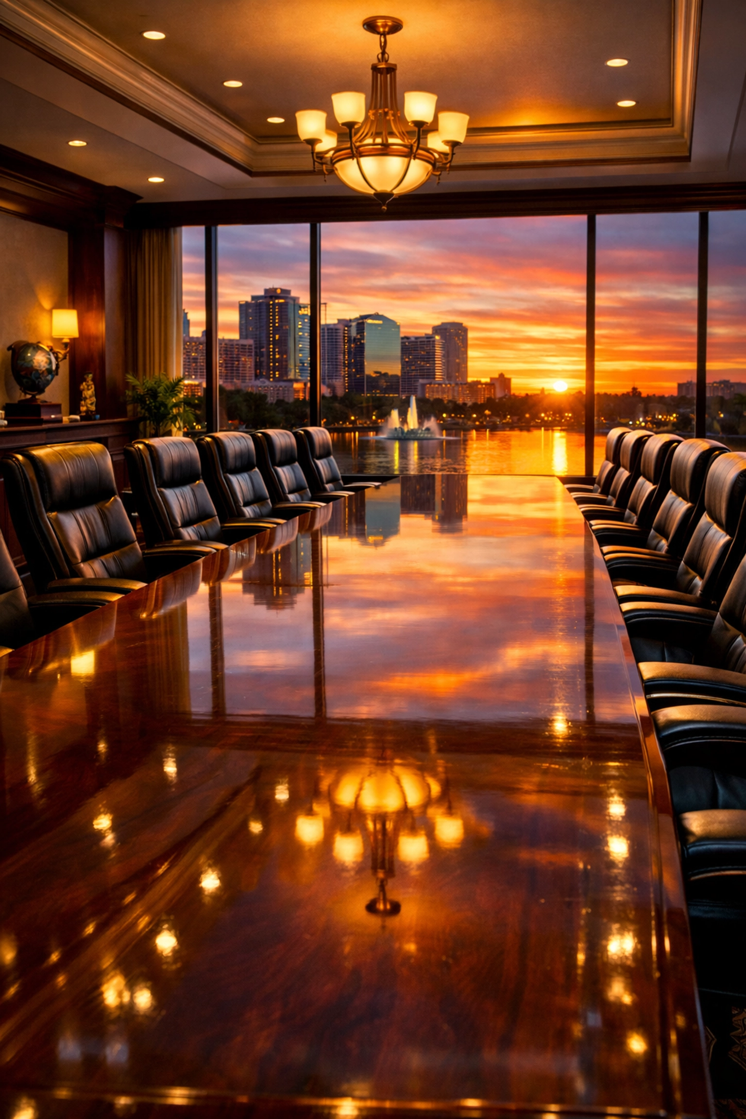 Pristine executive boardroom in Orlando with a polished table reflecting professional cleaning standards.