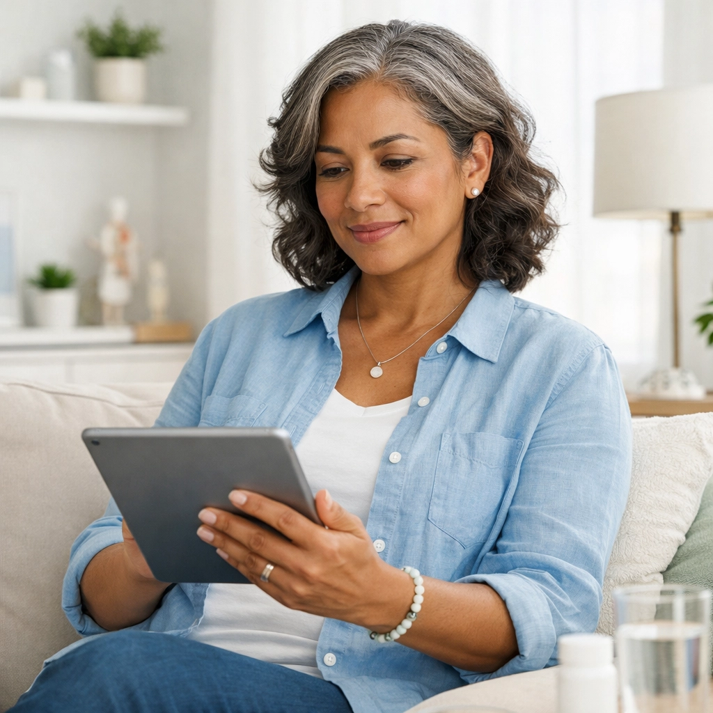 A woman researching personalized medical weight loss alternatives to Wegovy on a digital tablet.