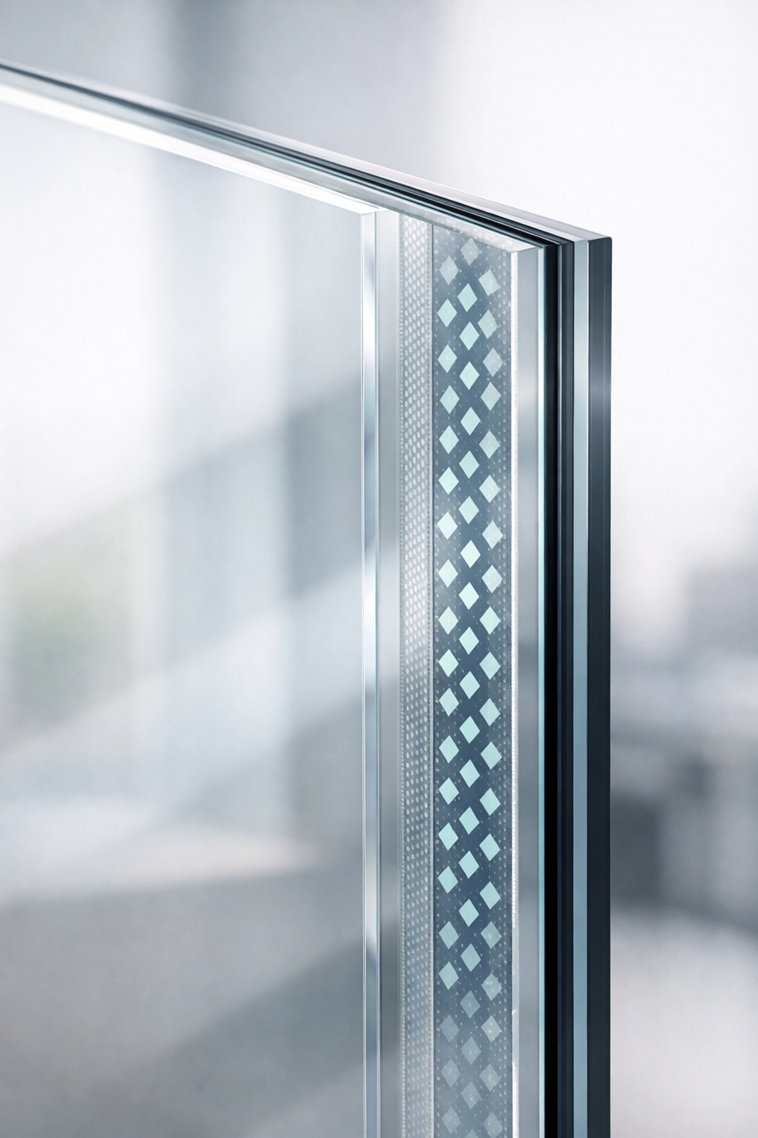 Close-up view of smart film layers showing liquid crystal technology in switchable glass