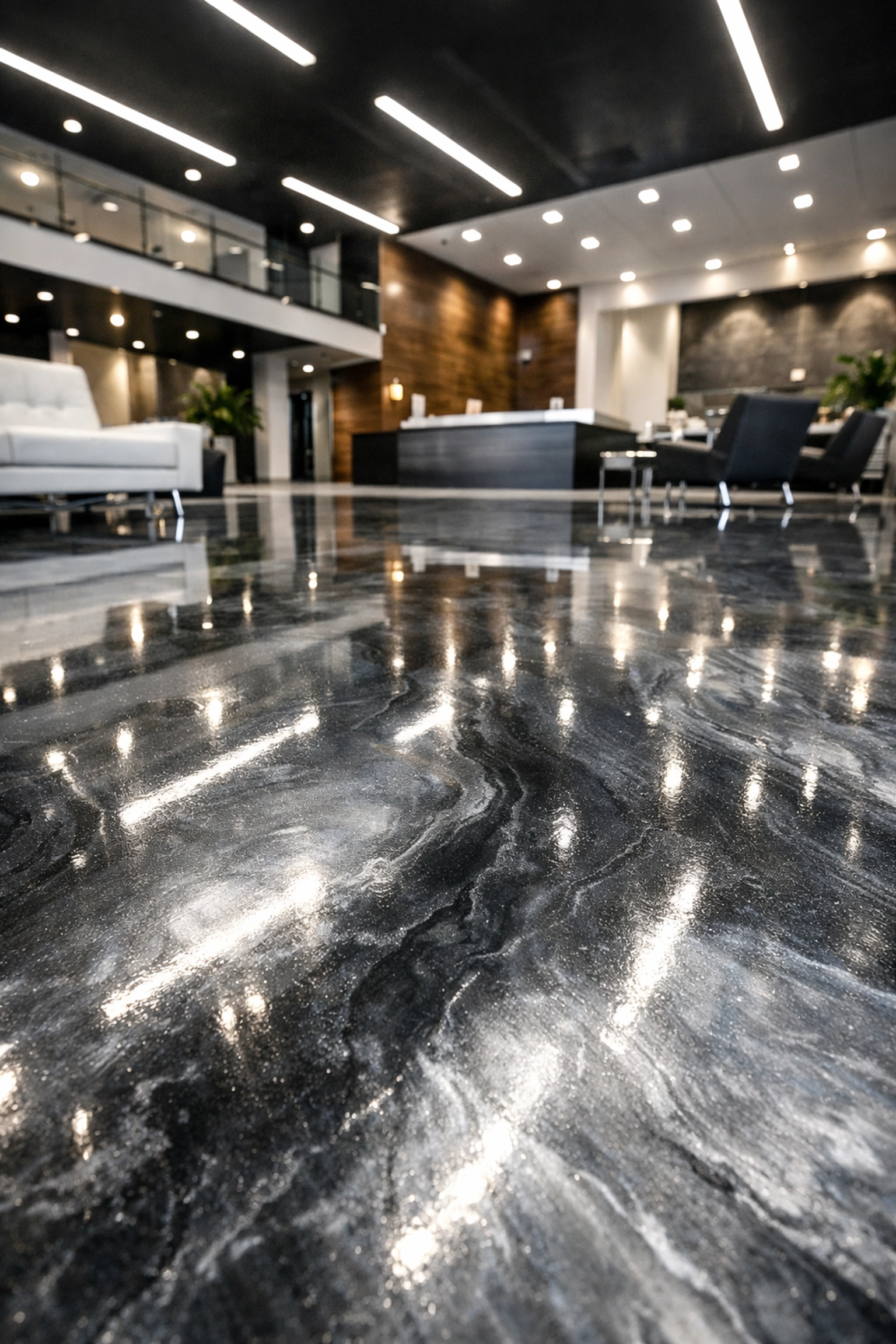 Seamless metallic polyaspartic floor coating in a commercial lobby providing industrial durability and professional style.
