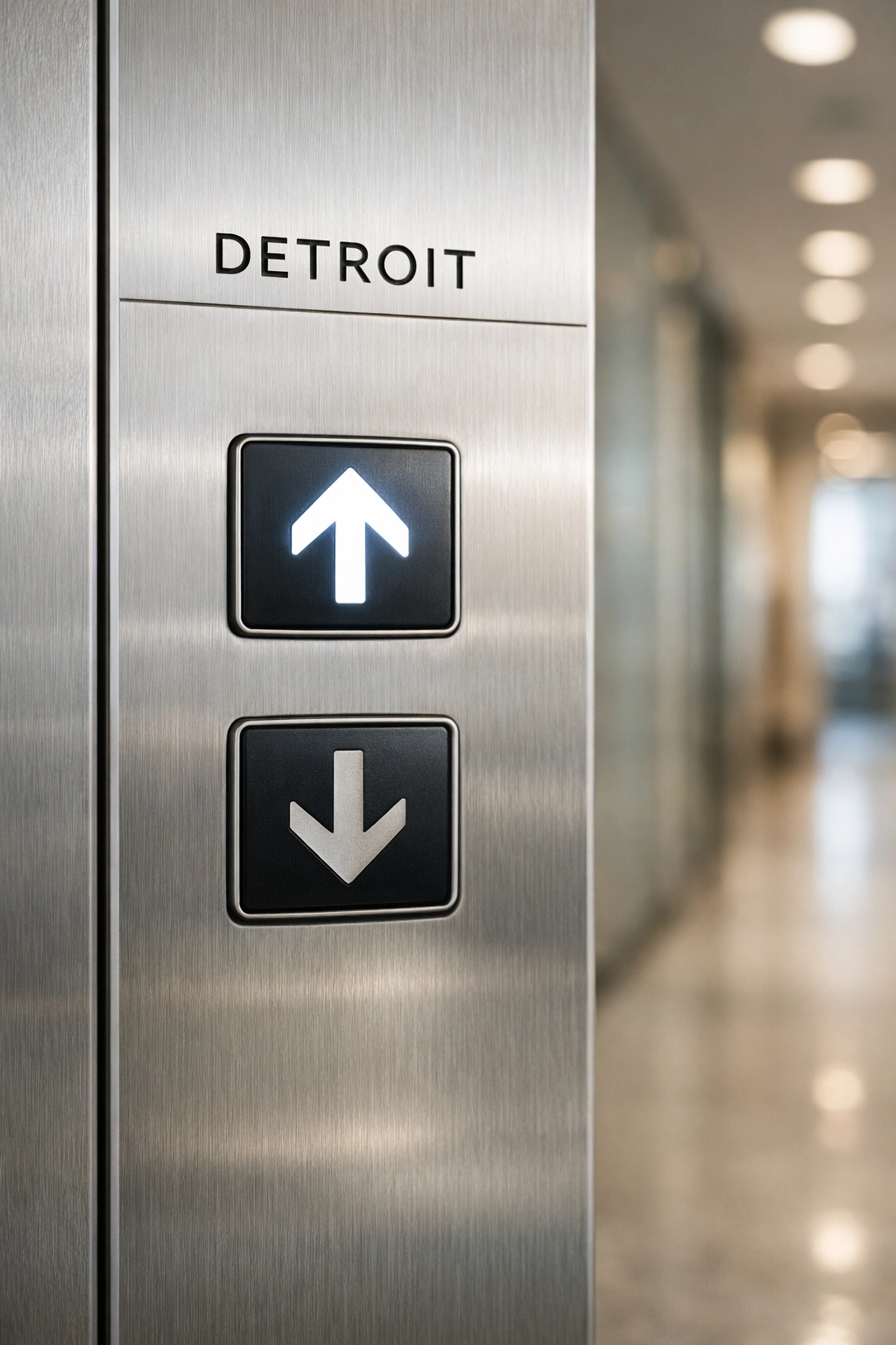 Sanitized stainless steel elevator panel in a modern Detroit office building showing high-touch cleaning standards.