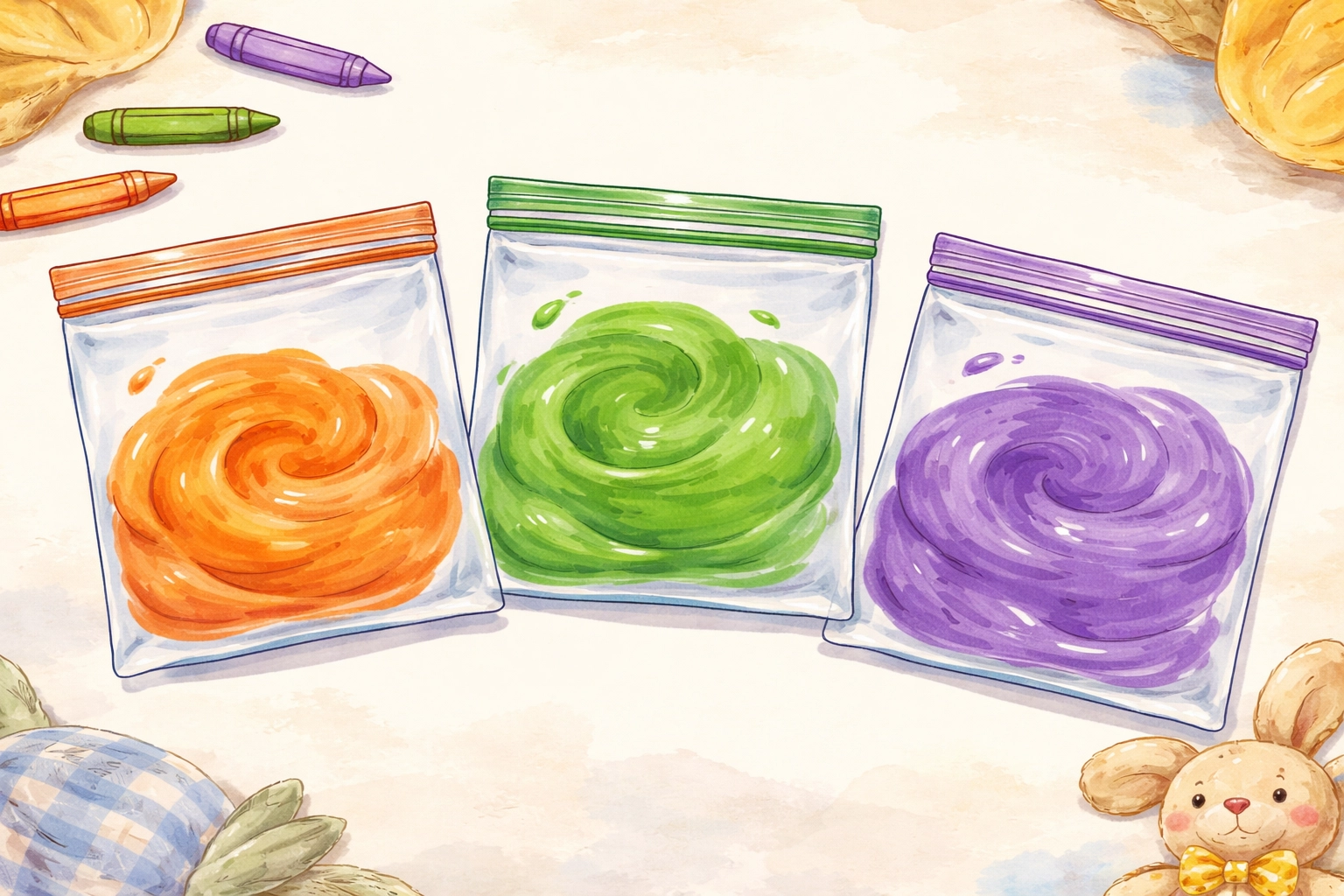Three zip-lock bags filled with orange, green, and purple paint on a table, showing preschool color mixing results