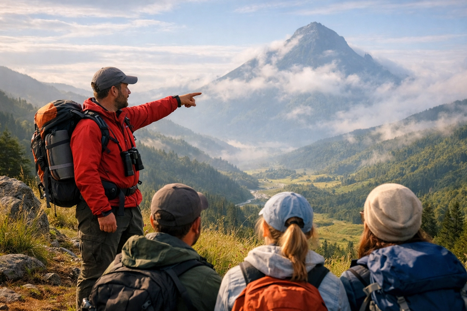 A professional hiking guide leading a group of beginners on a guided hiking tour in the UK.