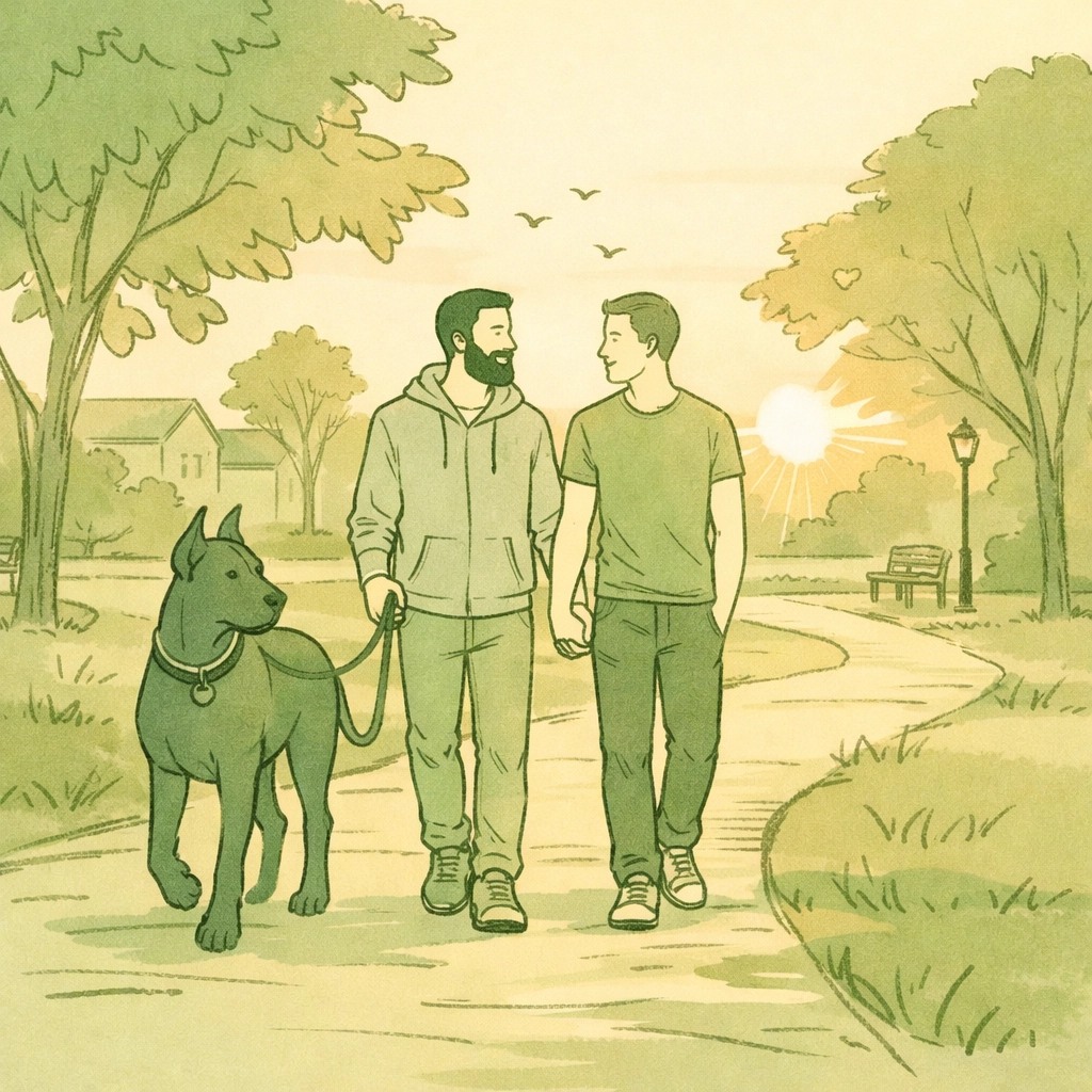Gay couple walking rescued Great Dane in park together
