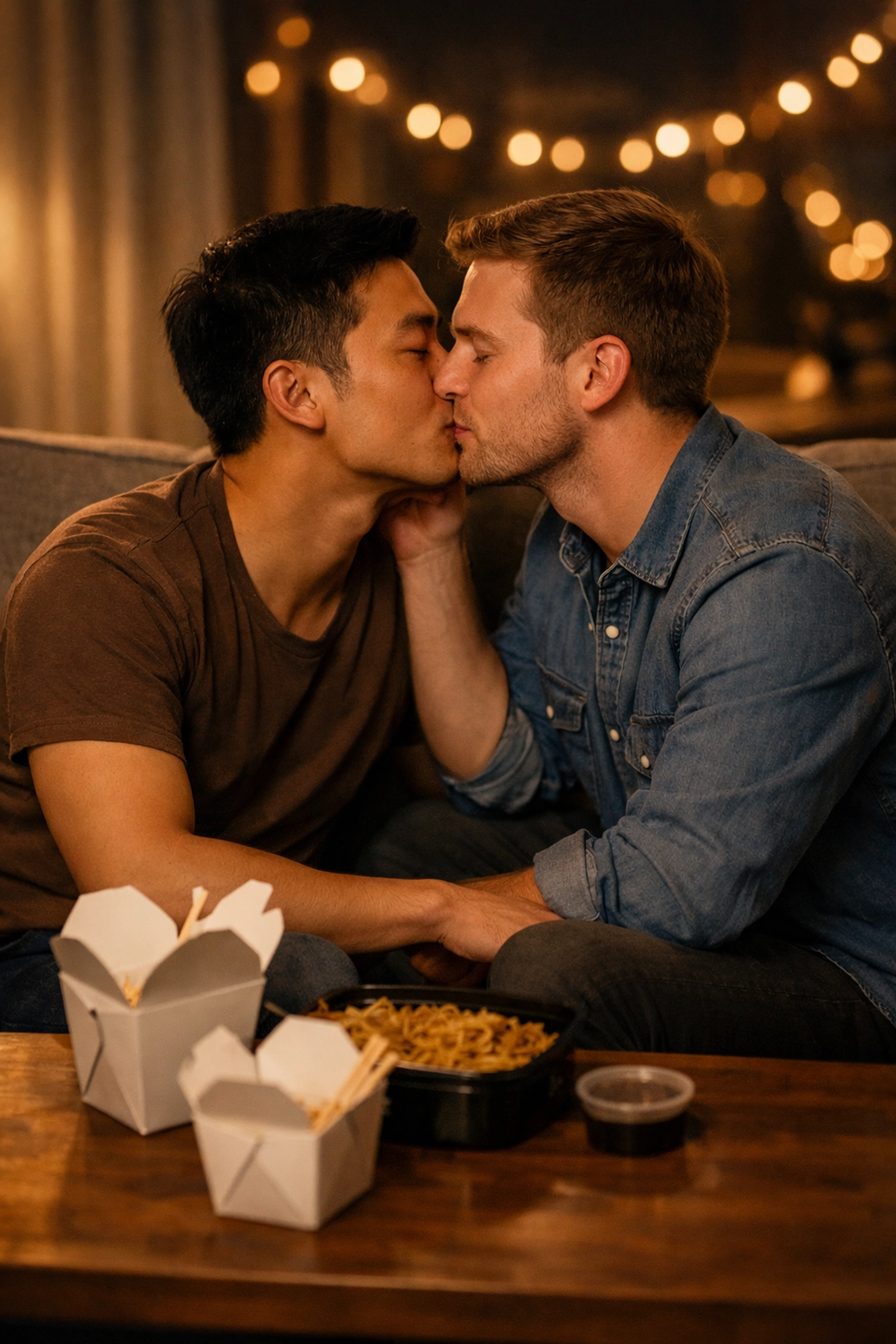 Gay couple sharing first kiss on couch in tender MM romance love story scene