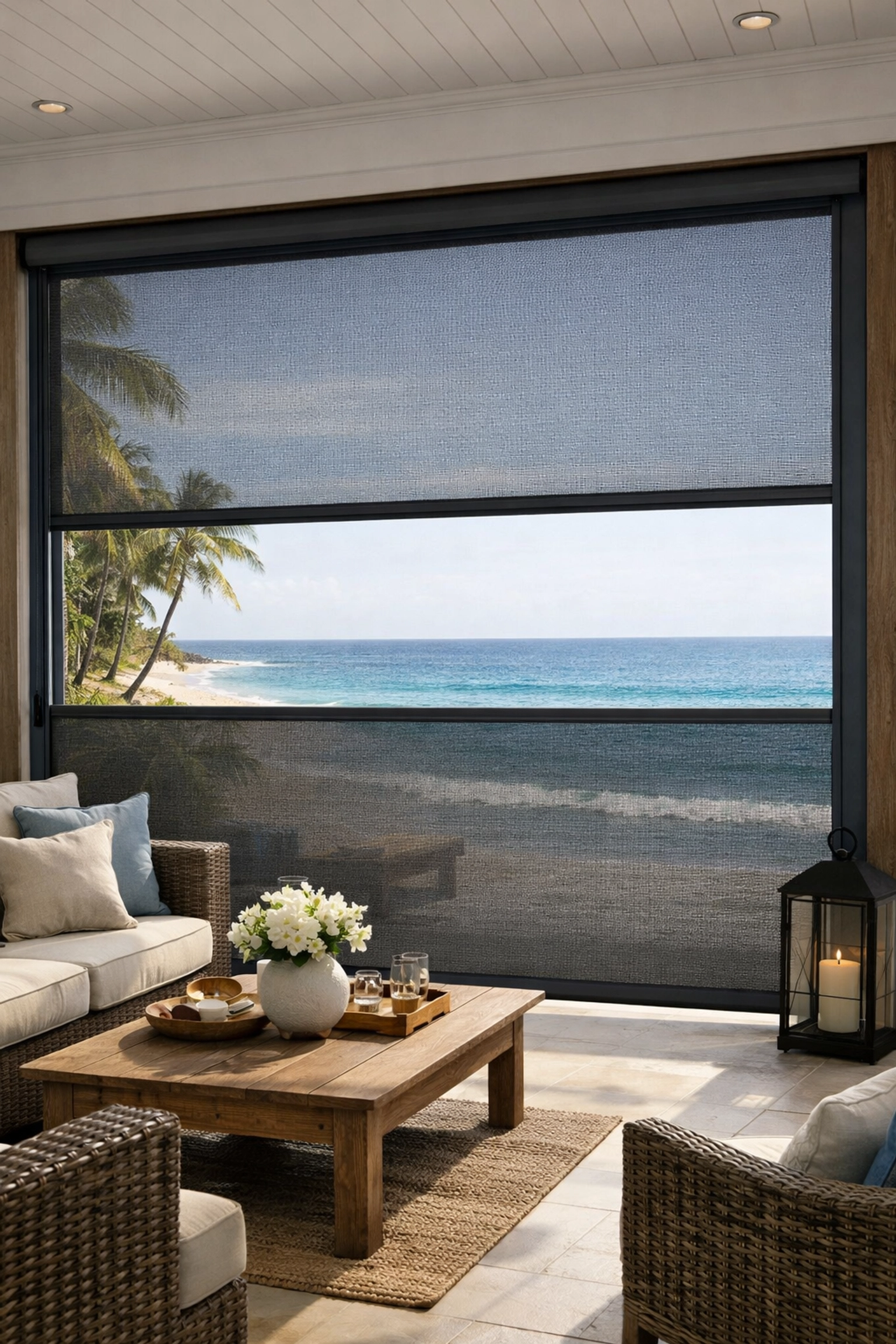 Track-guided charcoal mesh outdoor blinds reducing sun glare on a beachside tropical veranda.