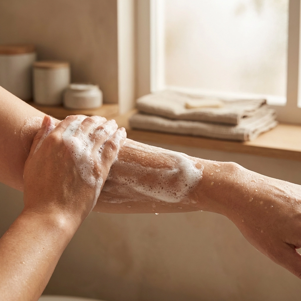 Thick lather of bee venom soap being applied to skin to break down Morgellons biofilms.