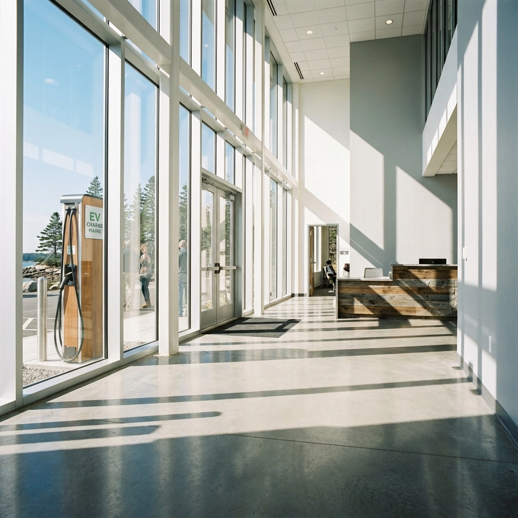 Modern Maine commercial building lobby with EV charging station, emphasizing code compliance for property owners