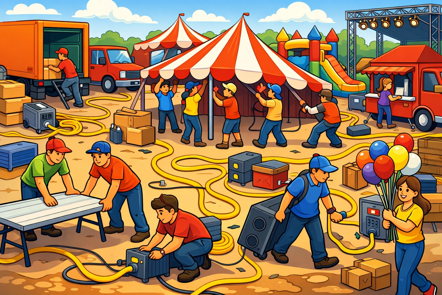 Event crew setting up tents and inflatables for large-scale corporate festival in Ontario