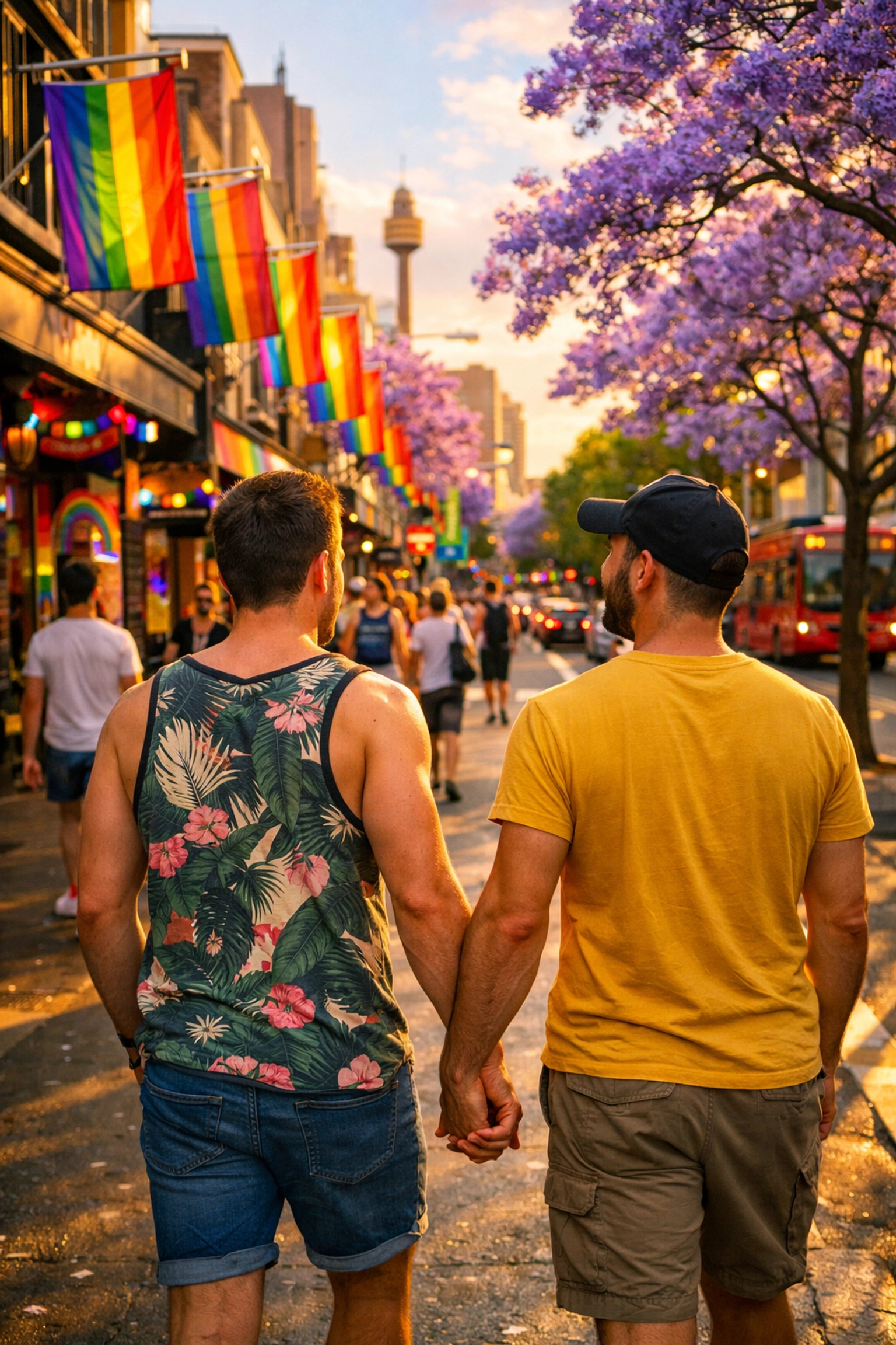 Gay couple holding hands on Oxford Street Sydney during Mardi Gras with rainbow flags and jacaranda trees